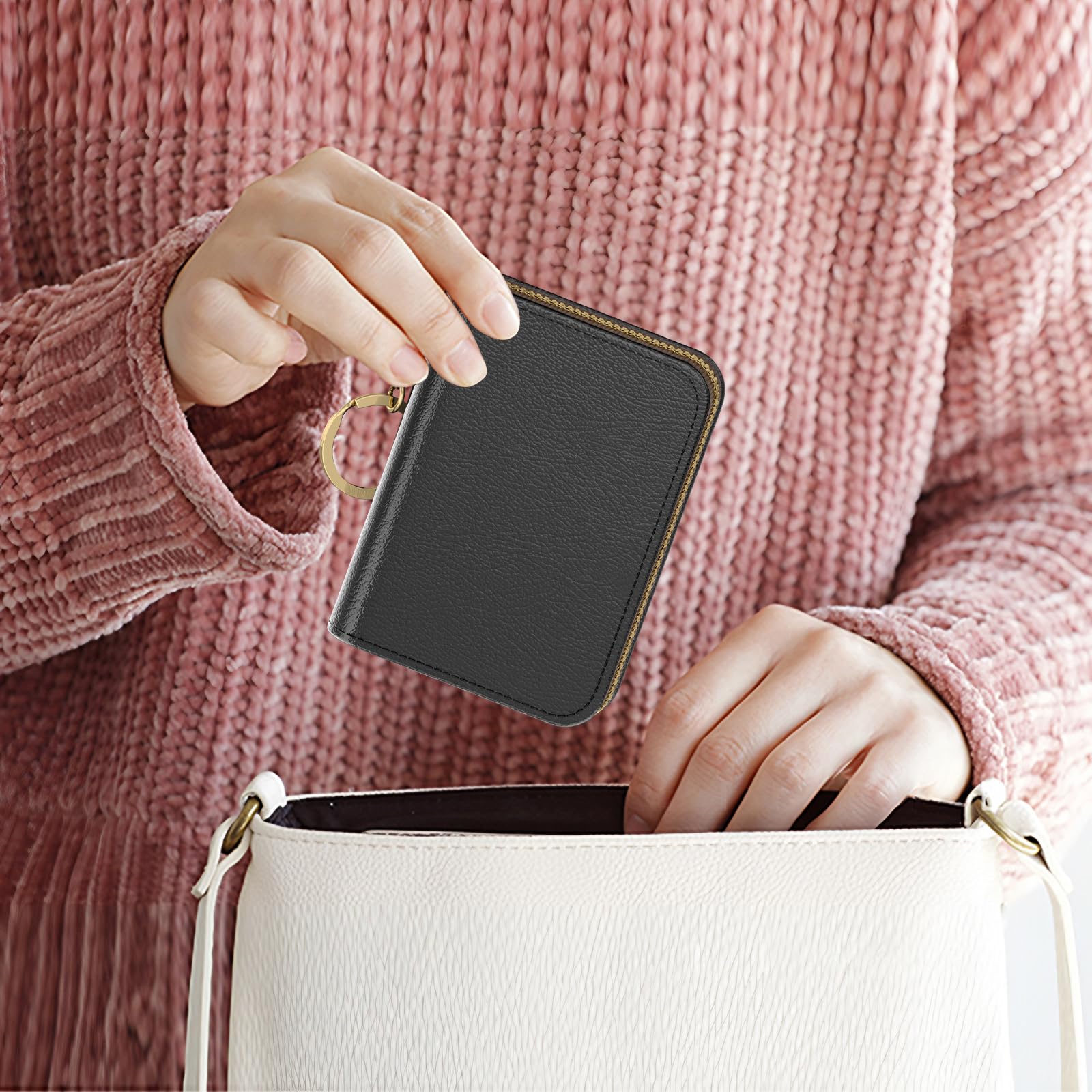 RFID Blocking Credit Card Holder - Slim Leather Wallet with Keychain & Zipper - Women's Minimalist Card Case (Black) - Perfect for Travel, Work & Everyday Use