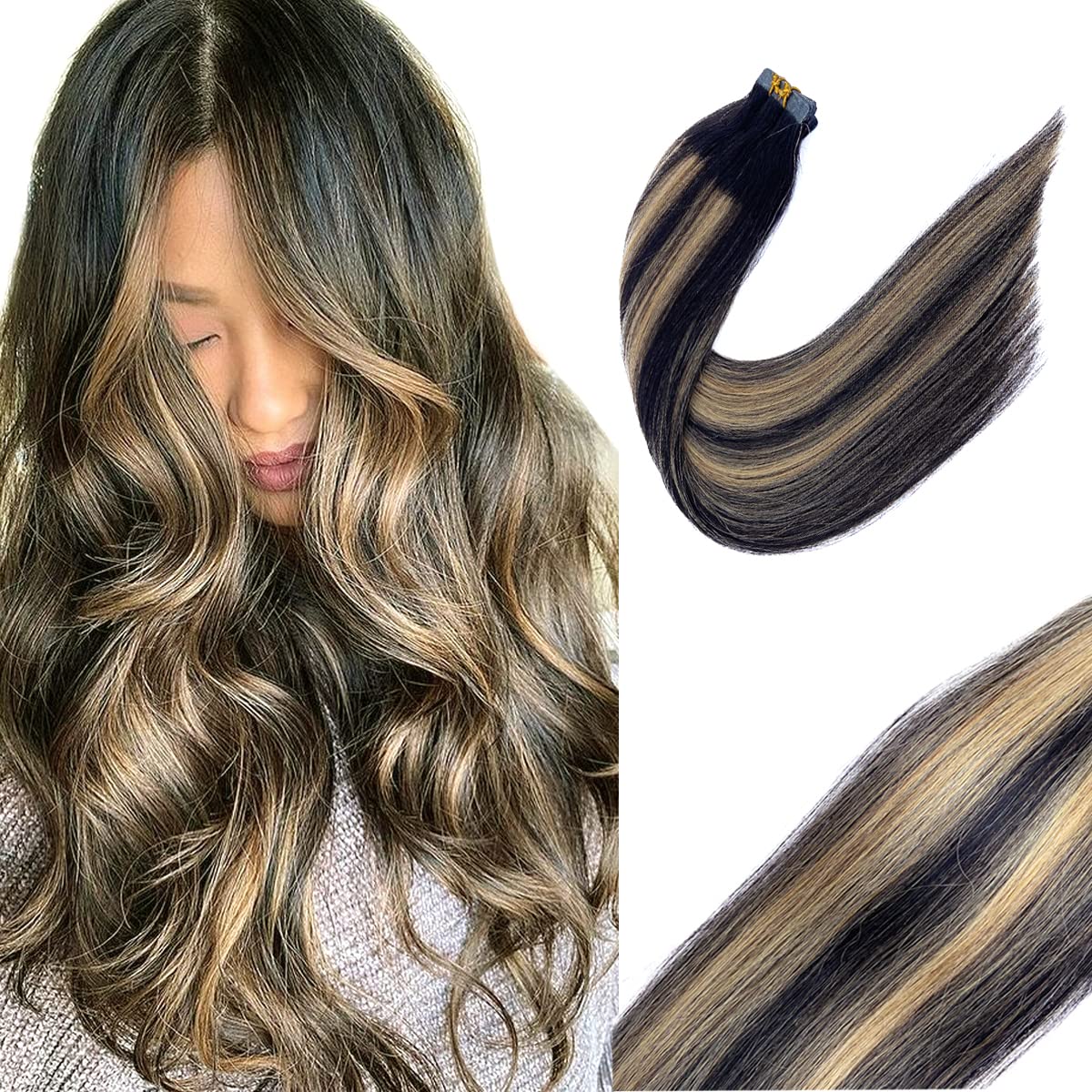20pcs Tape in Hair Extensions Human Hair - Double Sided Invisible Real Hair Extensions, Ombre Black to Caramel Blonde Highlights, Remy Hair 20 Inch 50G Skin Weft - Perfect for Parties, Weddings & Daily Styling