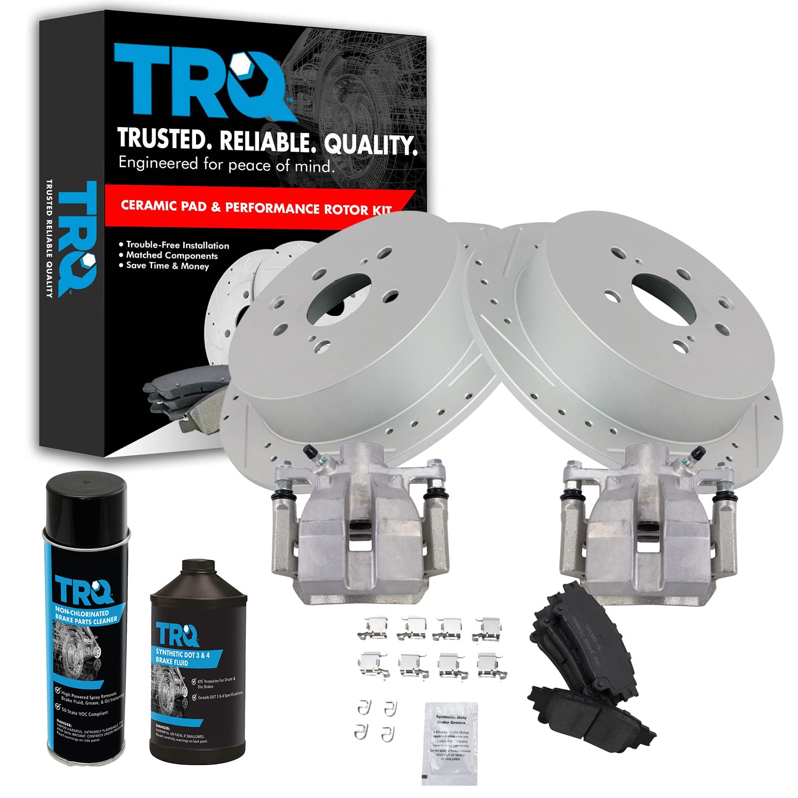 TRQ Rear Ceramic Brake Pads with Performance Rotors & Caliper Kit - Compatible with Toyota Camry, Corolla, RAV4 | High-Temperature Resistance, Low Noise | Perfect for City Driving, Highway Commuting & Performance Upgrades