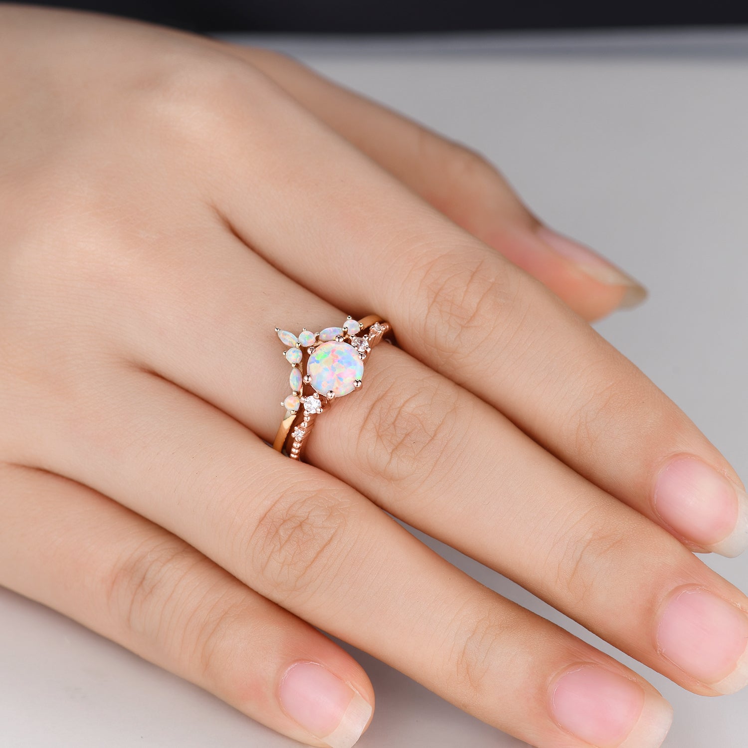 14K Solid Gold Round Opal Bridal Ring Set - Curved Wedding Band for Women, Anniversary Gift, Engagement Jewelry - Perfect for Weddings, Proposals & Special Occasions