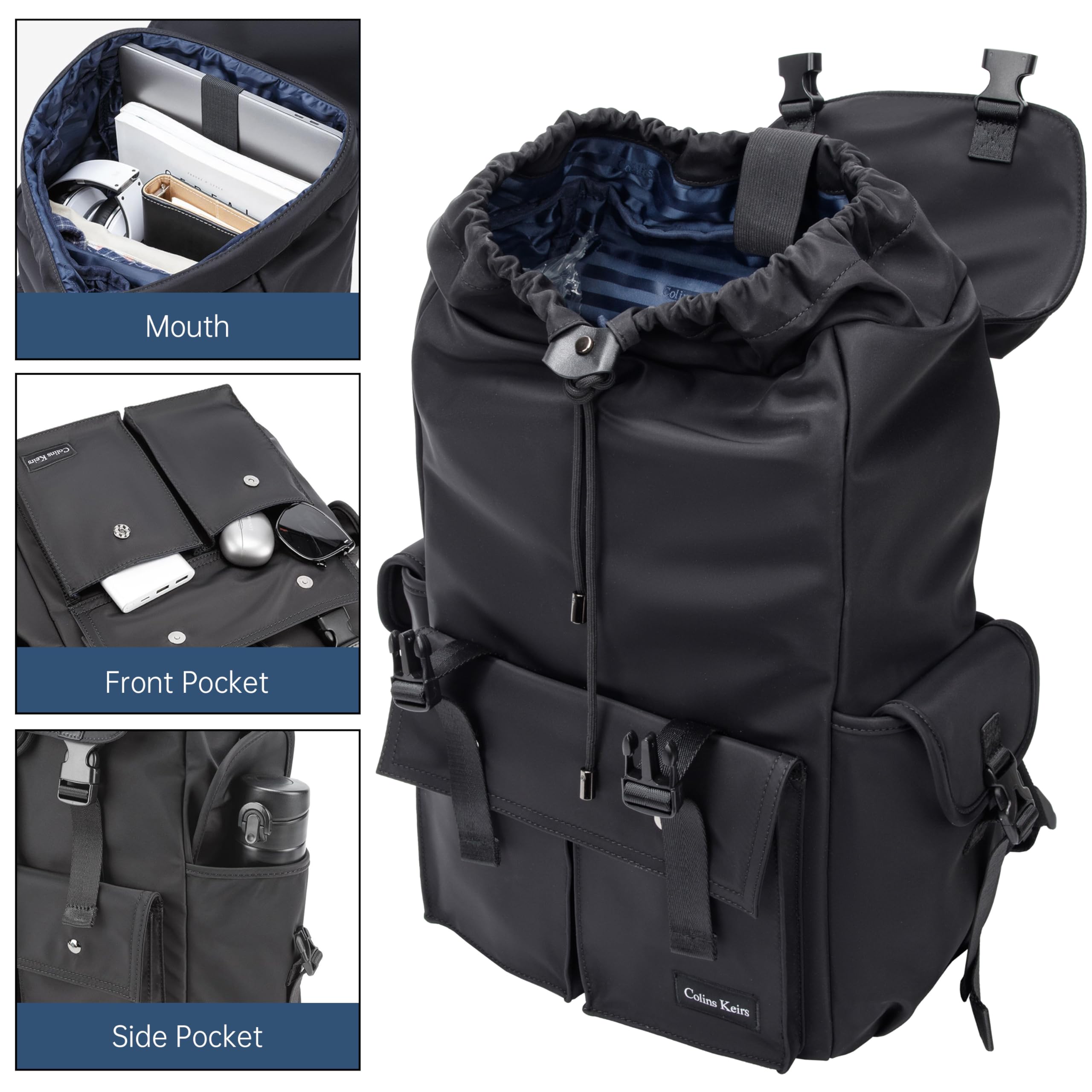 Men's Black 16 Inch Laptop Backpack - 30L Anti-Theft Waterproof Tech Backpack with Drawstring & Dedicated Laptop Compartment - Perfect for Work, Travel & College