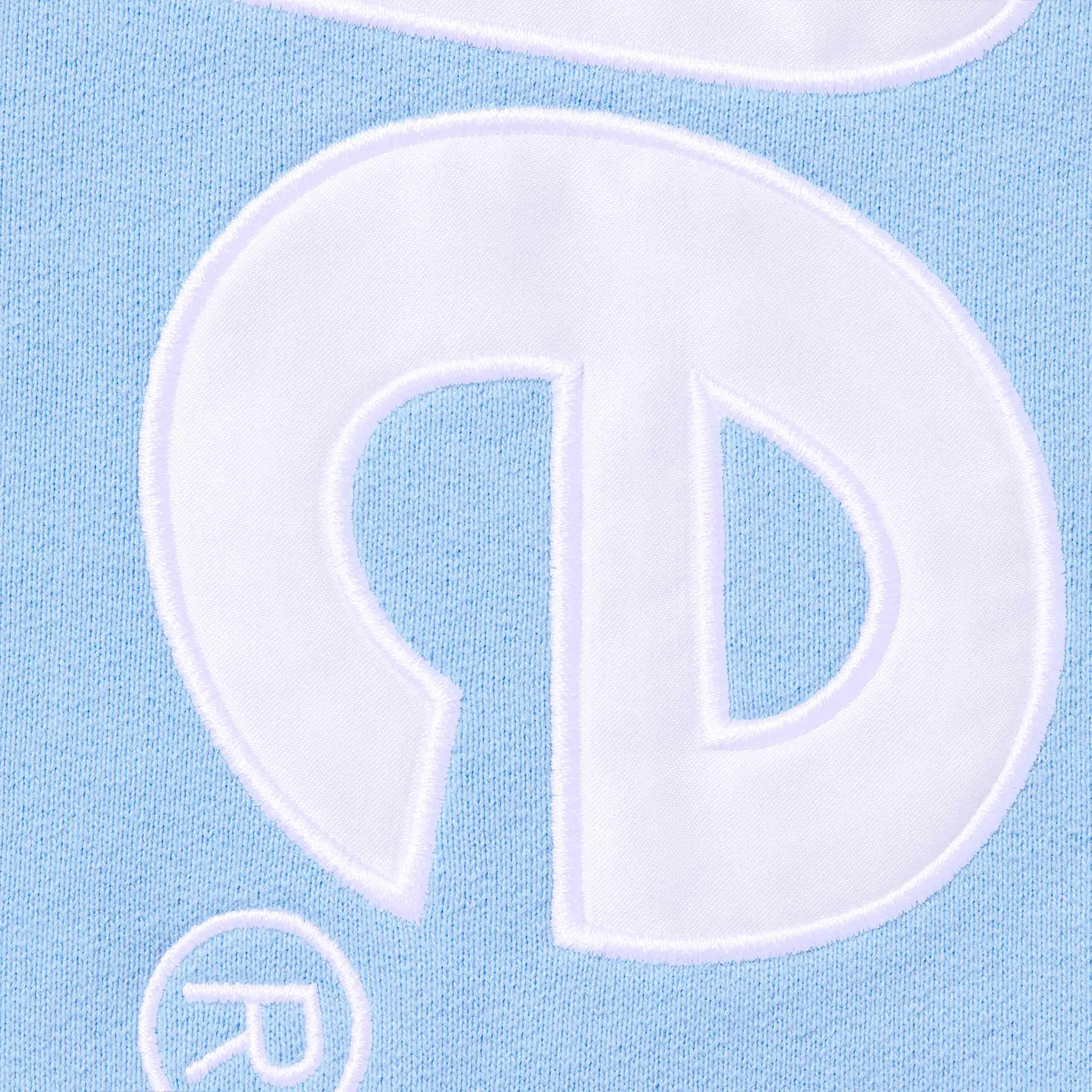 Supreme Satin Applique Light Blue Hoodie for Men & Women - Streetwear Fashion Pullover with Unique Design - Perfect for Casual Outfits, Urban Style & Winter Layering