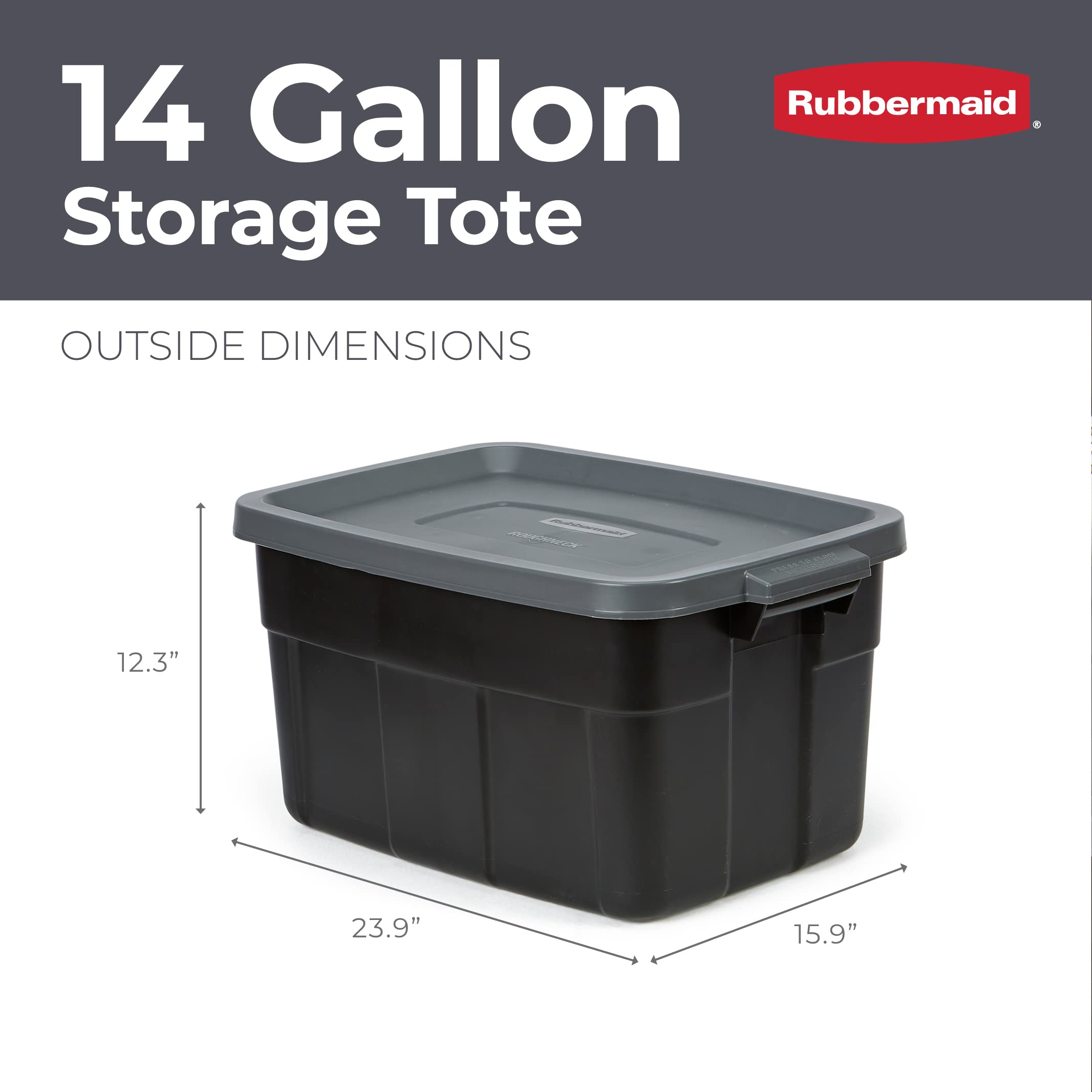 Rubbermaid Roughneck 14 Gallon Storage Totes - 6 Pack Heavy Duty Stackable Plastic Bins with Lids & Handles | Made in USA | Black & Gray | Ideal for Garage Organization, Home Storage & Moving Supplies