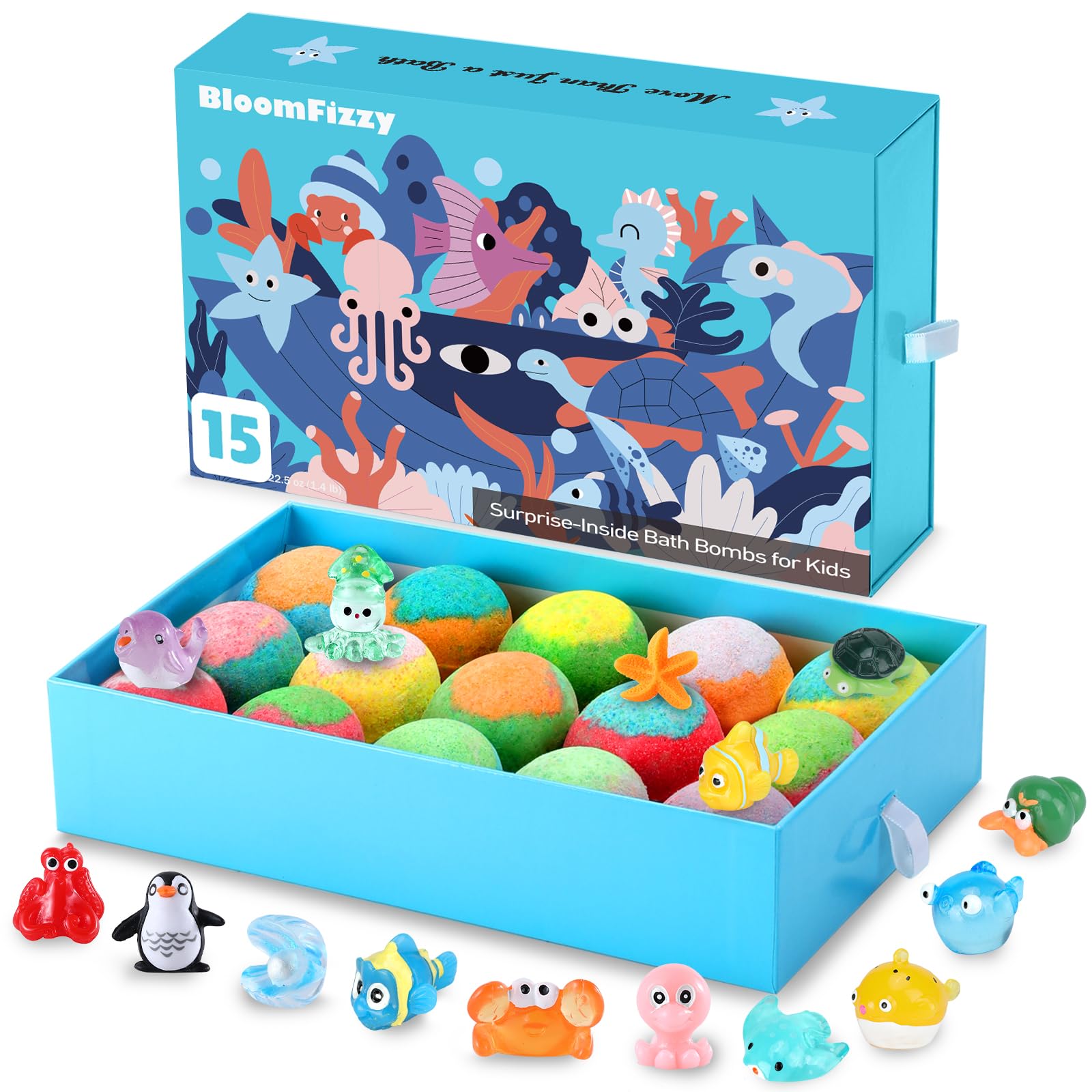 15 Pack Sea Surprise Bath Bombs for Kids - Fizzy Easter Bath Gift Set with Hidden Ocean Toys | Gentle, Scented & Kid-Safe | Fun Bath Time & Easter Basket Stuffers for Boys & Girls | Perfect for Birthday Parties, Easter Gifts & Relaxing Bath Time