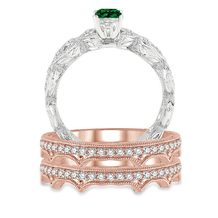 2 Carat Emerald Vintage Trio Bridal Set Engagement Ring in 10k White Gold - Perfect for Proposals, Anniversaries & Special Occasions