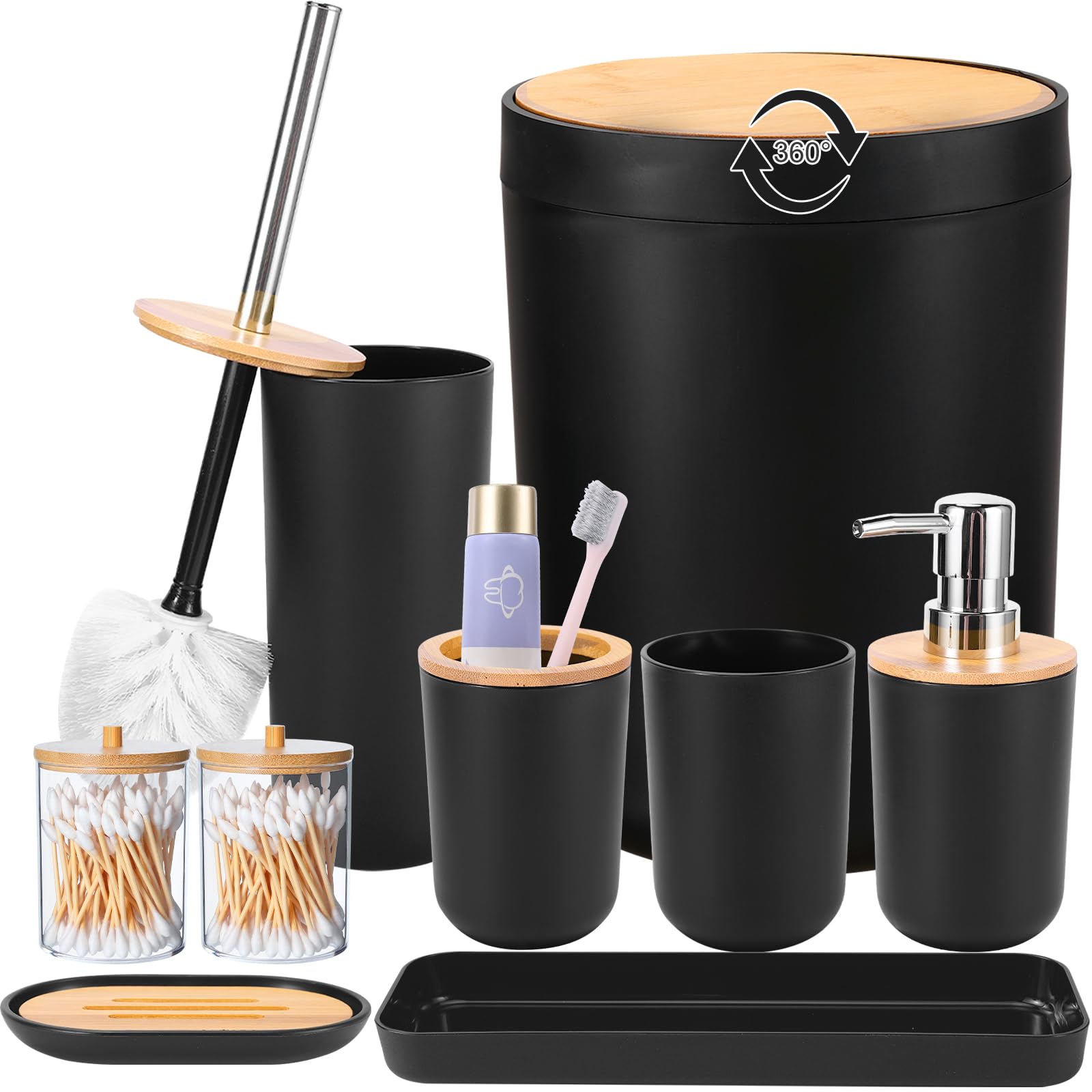 iMucci 9-Piece Black Bathroom Accessories Set - Includes Trash Can, Soap Dispenser & More | Modern Matte Black Bathroom Decor for Toilet, Sink & Shower Organization | Perfect for Home, Apartment & Guest Bathroom