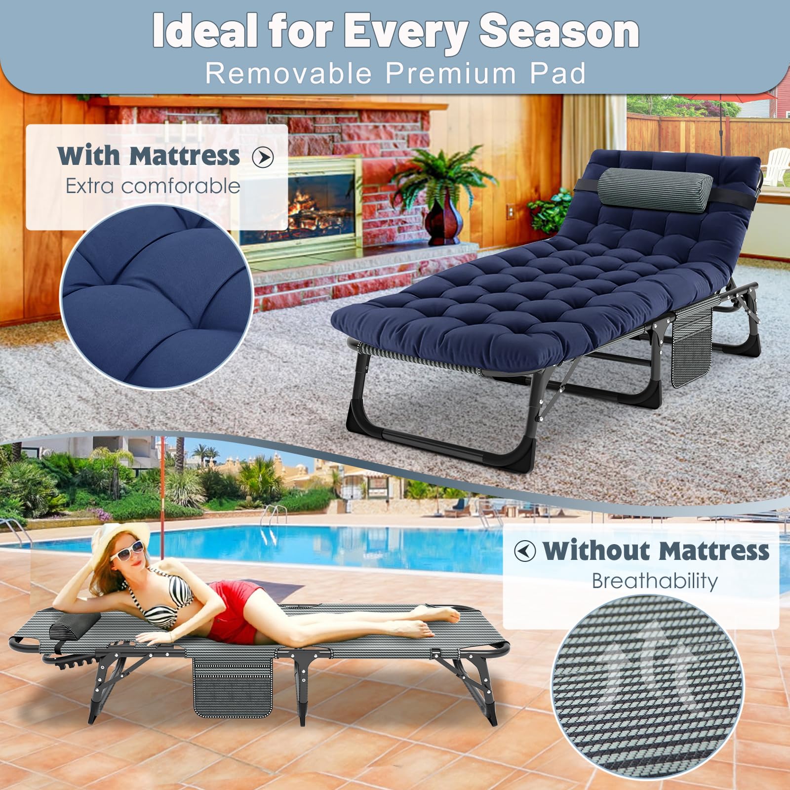 Slsy 5-Position Folding Chaise Lounge Chair for Adults - Portable Outdoor Sleeping Cot for Beach, Camping, Pool & Sun Tanning - Perfect for Relaxing in Backyard, Lawn or Patio
