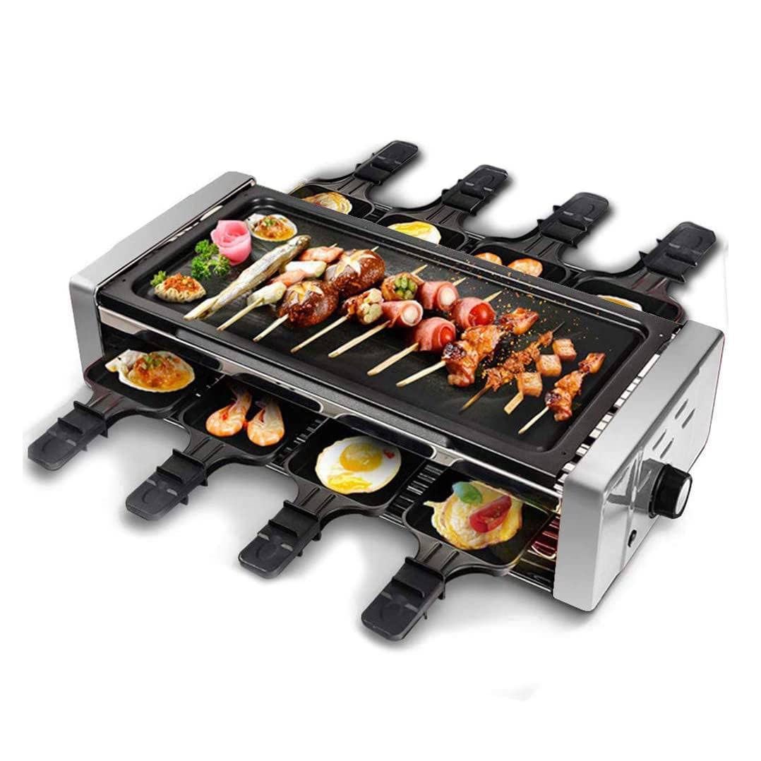 DYWER Electric Smokeless Grill & Raclette - Indoor/Outdoor 3-in-1 Grill with 12 Non-Stick Trays for BBQ, Fondue & Family Gatherings