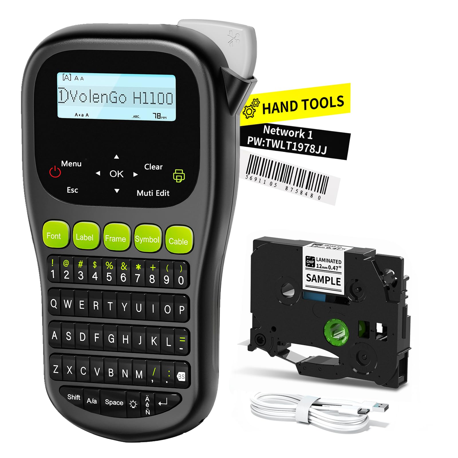 Ptouch H1100 Handheld Label Maker Machine with Waterproof & Laminated Tape, Backlit LCD Display & One-Touch Keys - Perfect for Home, Office, Warehouse & School Organization (Labeling Files, Storage Bins, Cables & More)