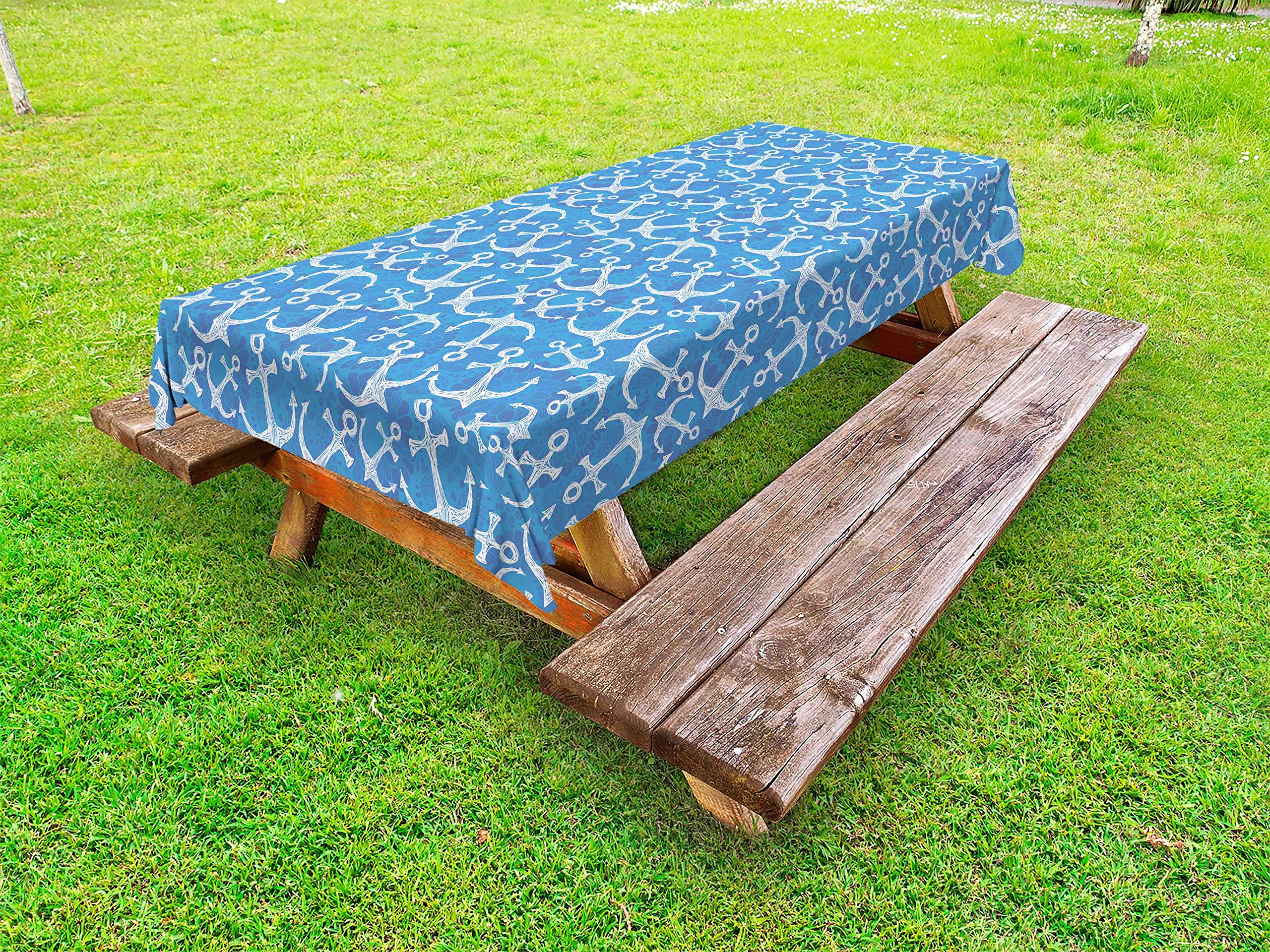 Ambesonne Anchor Outdoor Tablecloth - Hand Drawn Nautical Design with Abstract Blue Ocean & Floral Patterns, Waterproof Washable Picnic Table Cover 58x104 Inches, Blue & White - Perfect for Beach Parties, Backyard BBQs & Outdoor Dining