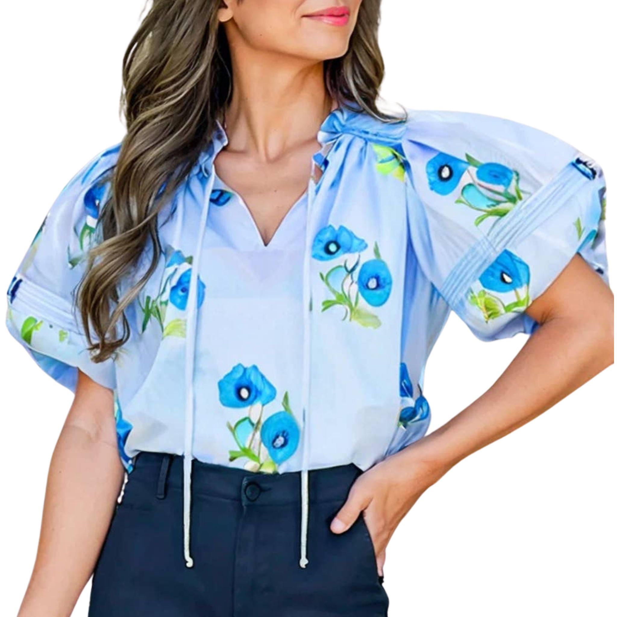 Floral Print Flutter Sleeve Tie Neck Shift Top - Women's Summer Blouse for Casual Wear, Office & Date Night Outfits