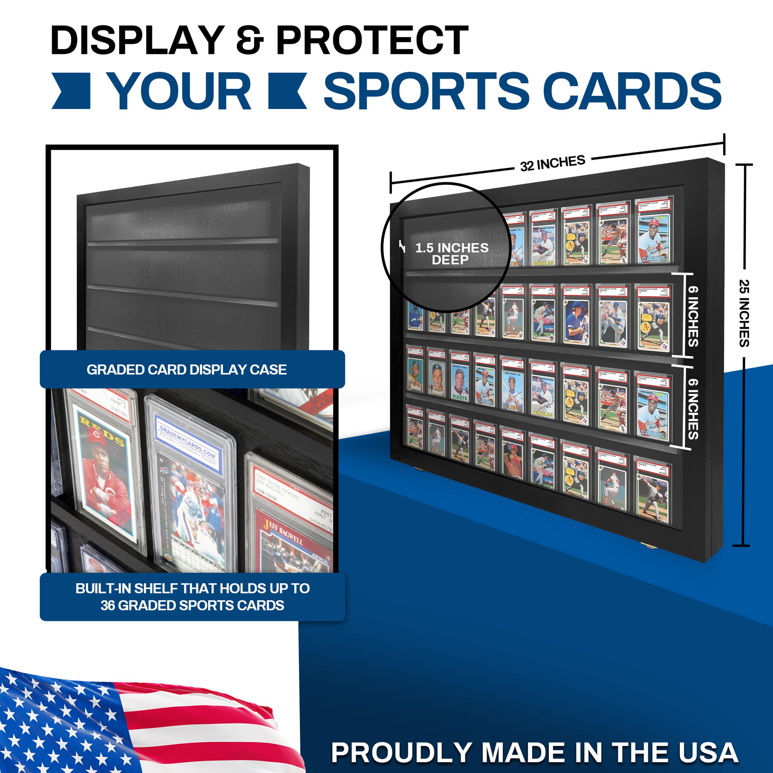 Baseball Card Display Case - 36 Graded Sports Card Frame with Lock & UV Protection | PSA Certified Case for Pokemon, Football & Basketball Cards | Perfect for Collectors & Home Decor