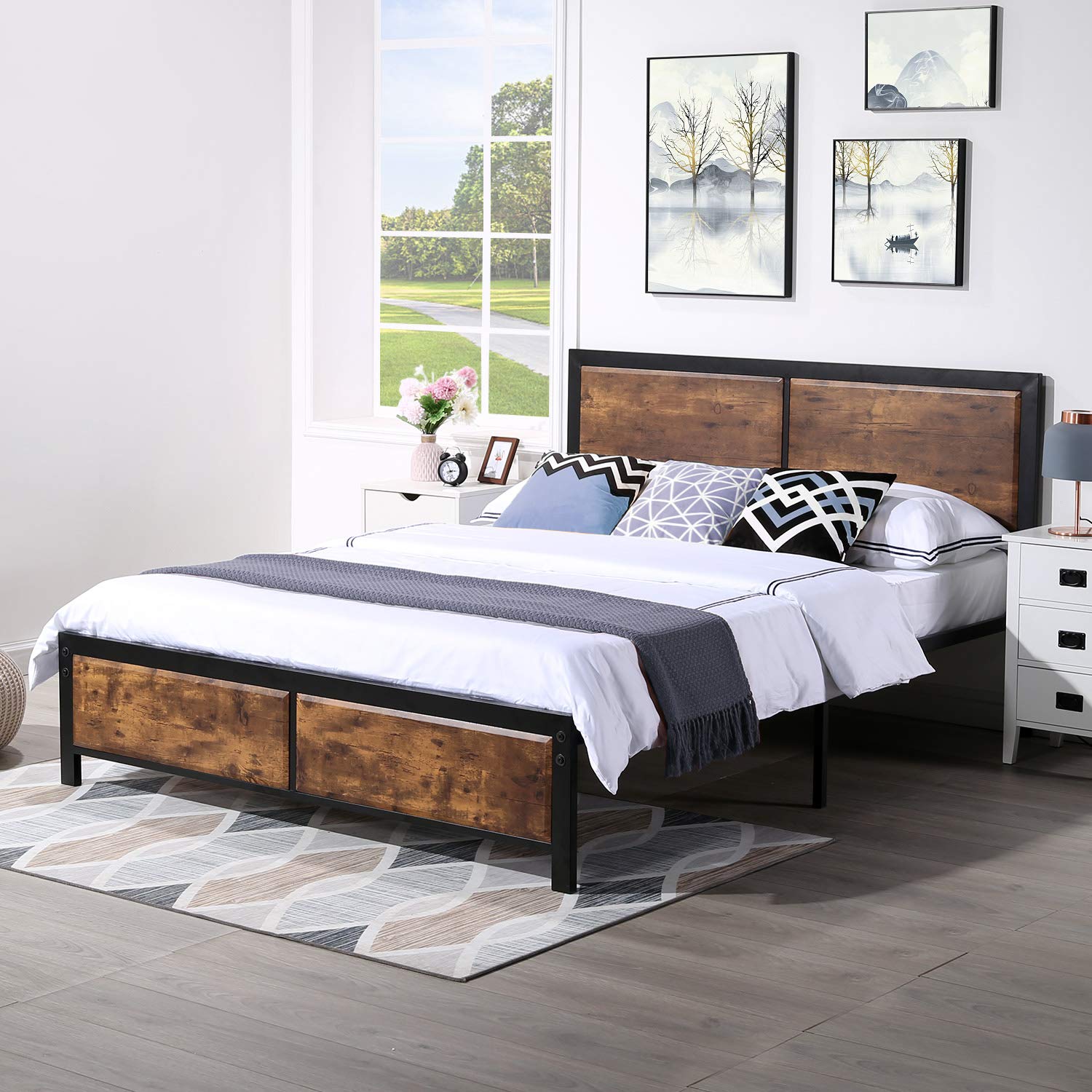 VECELO Full Size Platform Bed Frame with Rustic Vintage Wood Headboard - Sturdy Metal Slat Support, No Box Spring Required - Perfect for Modern Farmhouse & Industrial Bedroom Decor