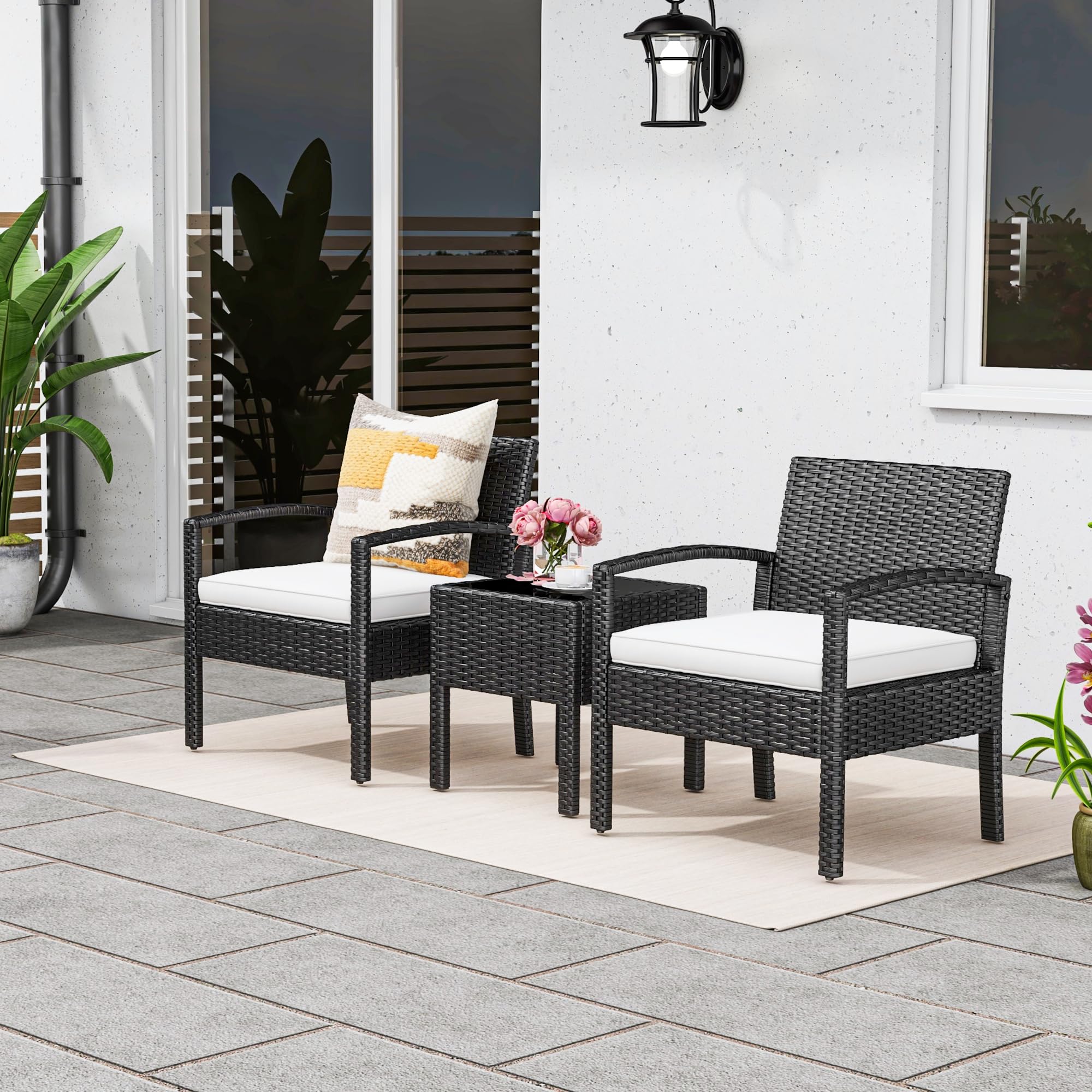 YITAHOME 3-Piece Outdoor Patio Furniture Set - All-Weather Wicker Bistro Chairs with Glass Side Table & Cushions - Black & Beige Rattan Conversation Set for Backyard, Balcony, Deck, Garden & Poolside Relaxation
