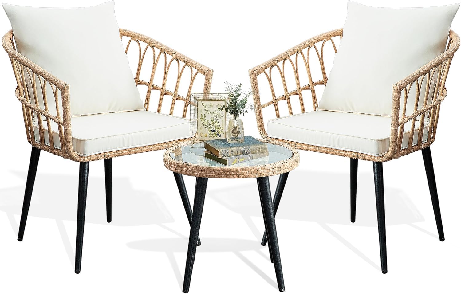3-Piece Patio Bistro Set - All-Weather Wicker Outdoor Furniture with Coffee Table & Cushions, Rattan Conversation Chairs for Balcony, Porch, Backyard, Deck, Poolside - Perfect for Relaxing, Entertaining & Outdoor Dining