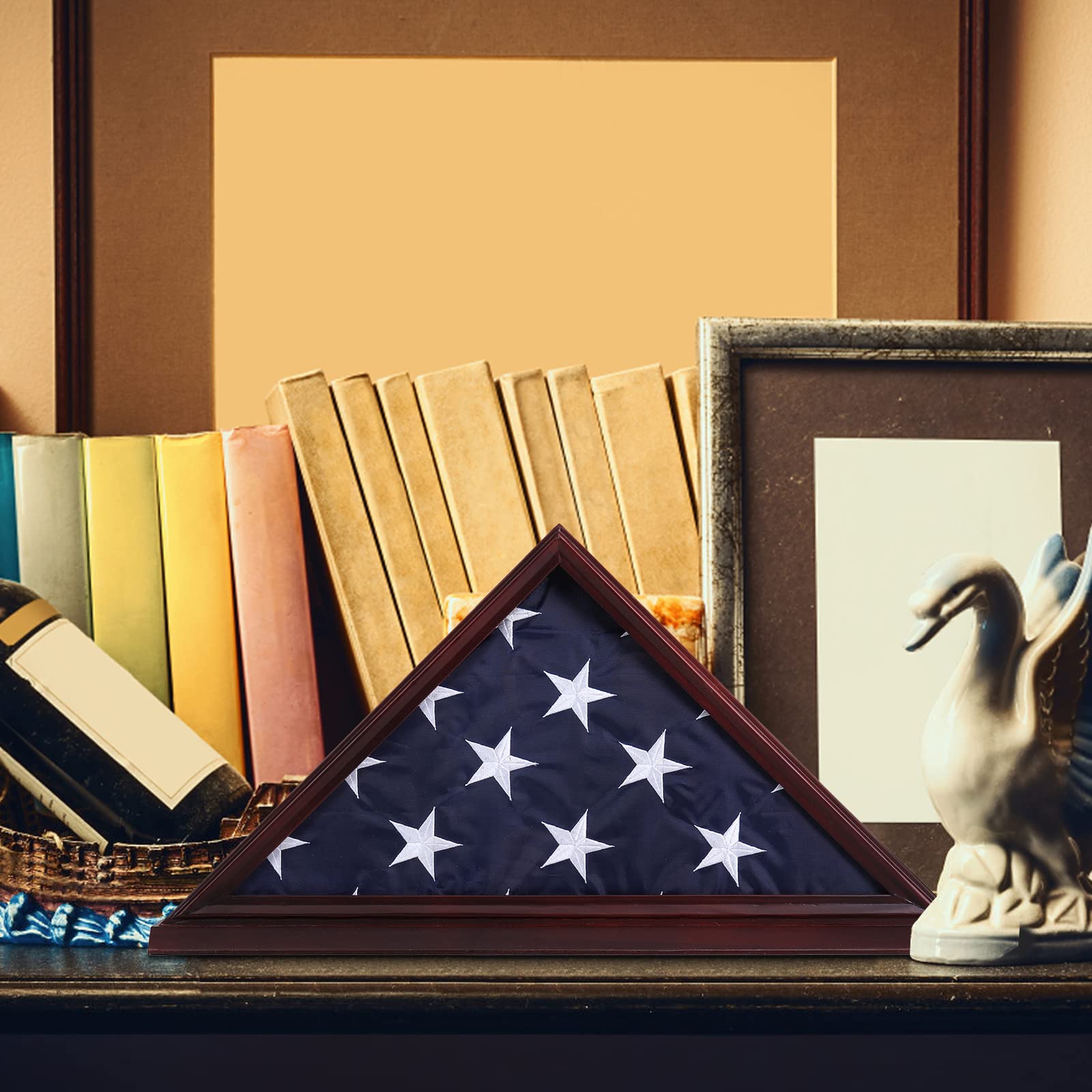 Military Flag Display Case with High Clarity Glass Front - Solid Wood Wall Mounted Shadow Box for 5'x9.5' American Veteran Burial Flag (Red) - Perfect for Honoring Veterans, Home Decor & Memorial Displays