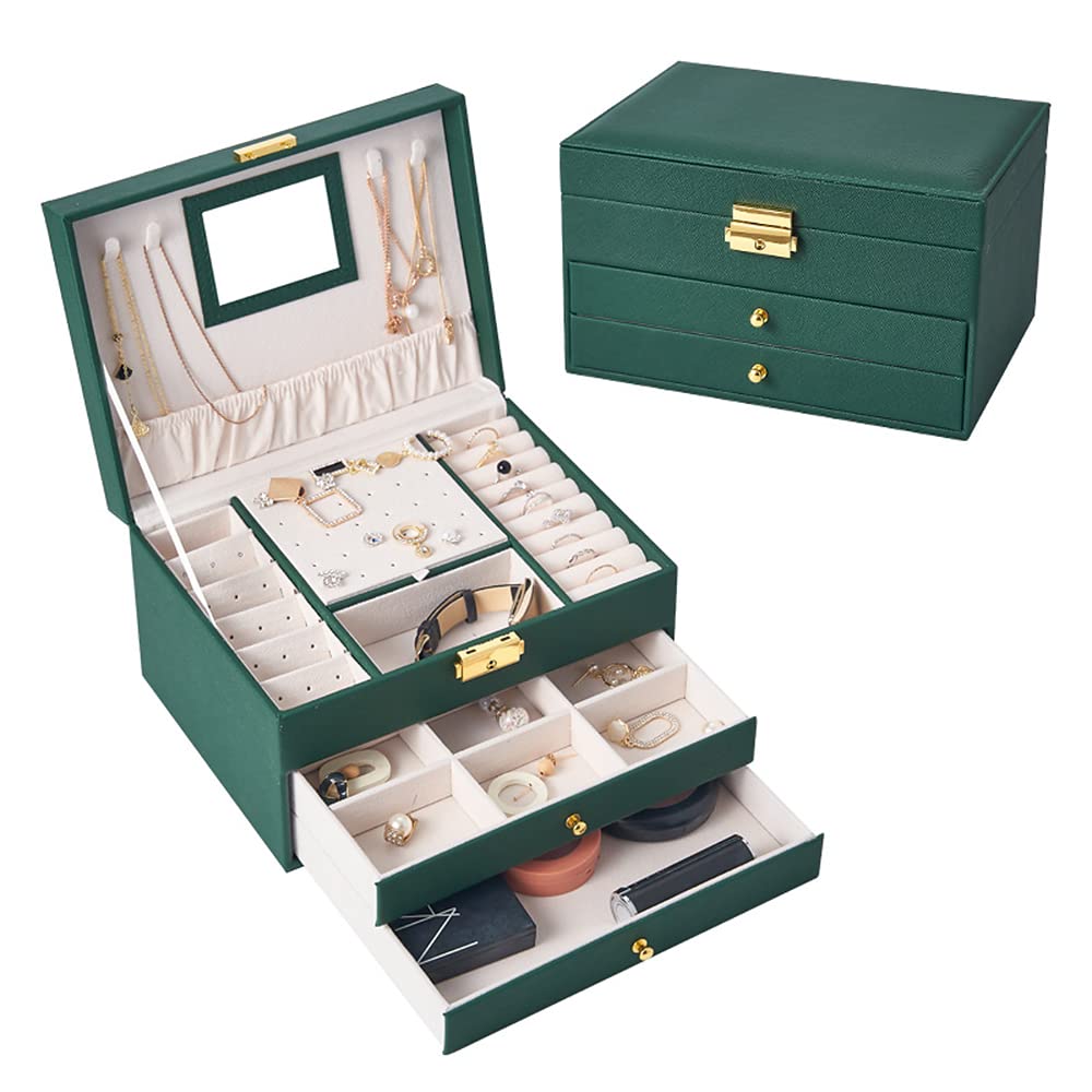 3-Layer Large Jewelry Box for Women with 2 Lockable Drawers - Premium Jewelry Storage Organizer for Necklaces, Rings & Earrings - Perfect for Bedroom, Closet & Travel Use