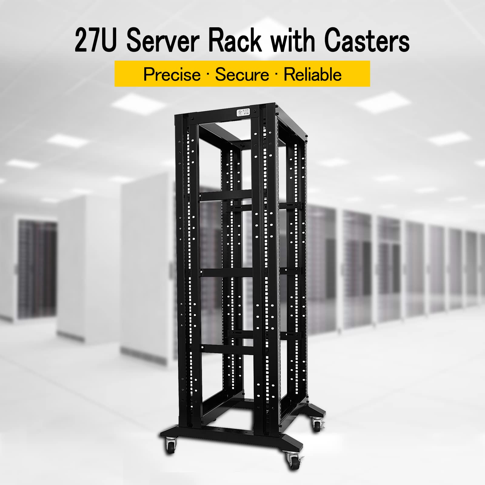 27U 4-Post Open Frame Server Rack - 19 Inch Width, 600mm Depth with 3 Pairs of L Rails | Network Equipment Rack for Data Center, Home Lab & Office Server Installation (Black)