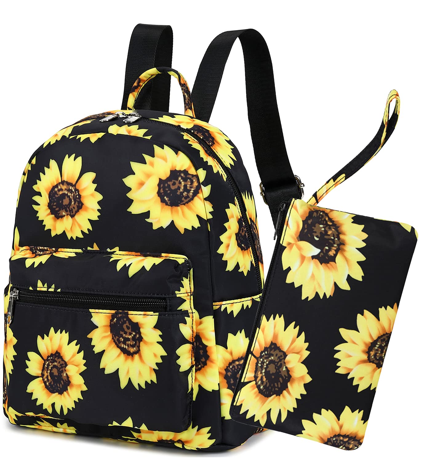 Stylish Mini Backpack Set for Girls & Women - Fashionable Bookbag with Matching Purse & Wallet - Perfect for School, Travel & Daily Use (Black Sunflower Design)