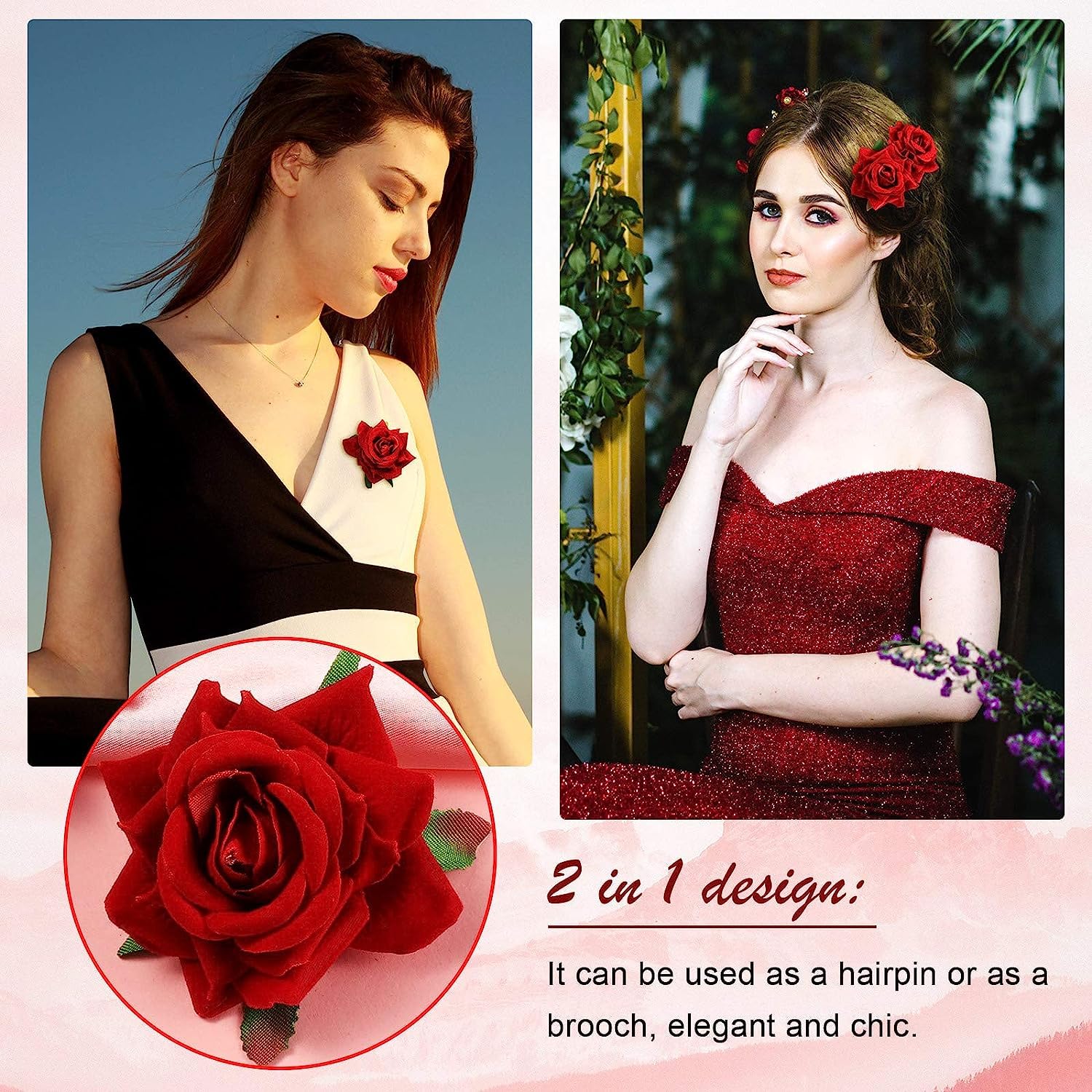 SHIVAMKRAFT 6-Piece Artificial Rose Hair Clips for Women - White & Red Floral Hair Accessories for Wedding, Bridal, Party Hairstyles - Elegant Hair Clips with Roses for Daily Wear & Special Occasions
