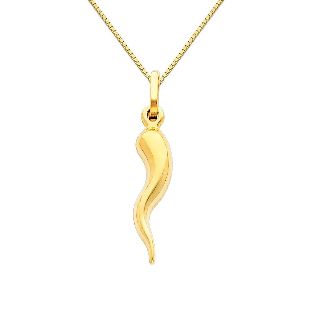 14K Yellow Gold Cornicello Italian Horn Pendant Necklace with 0.65mm Box Chain - Italian Charm Jewelry for Protection & Good Luck - Perfect Gift for Birthdays, Anniversaries and Special Occasions