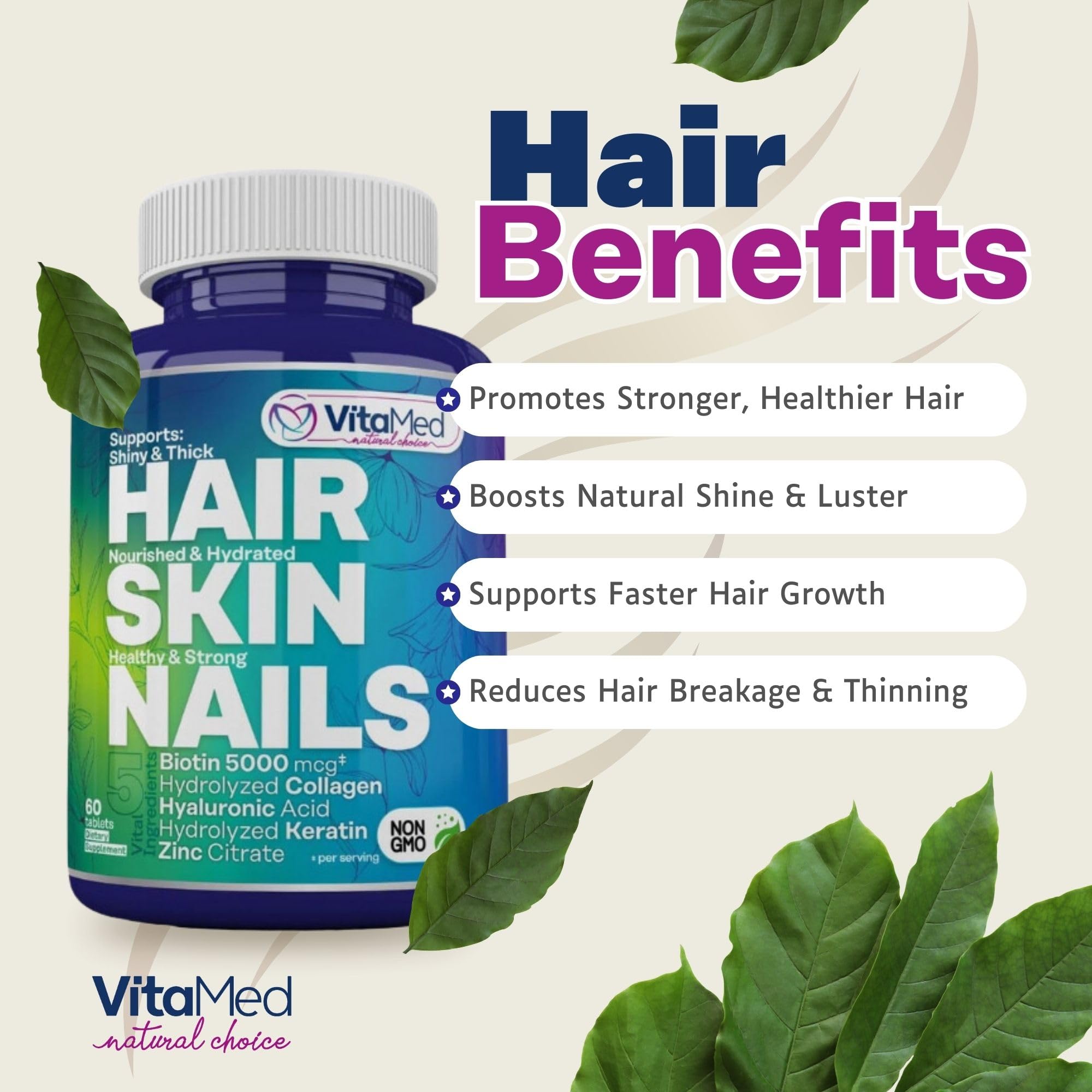 Premium Hair, Skin & Nails Vitamins with Biotin 5000mcg, Collagen, Keratin & Hyaluronic Acid - Supports Hair Growth, Strong Nails & Healthy Skin - 60 Tablets for Women & Men - Perfect for Daily Beauty Supplement Routine