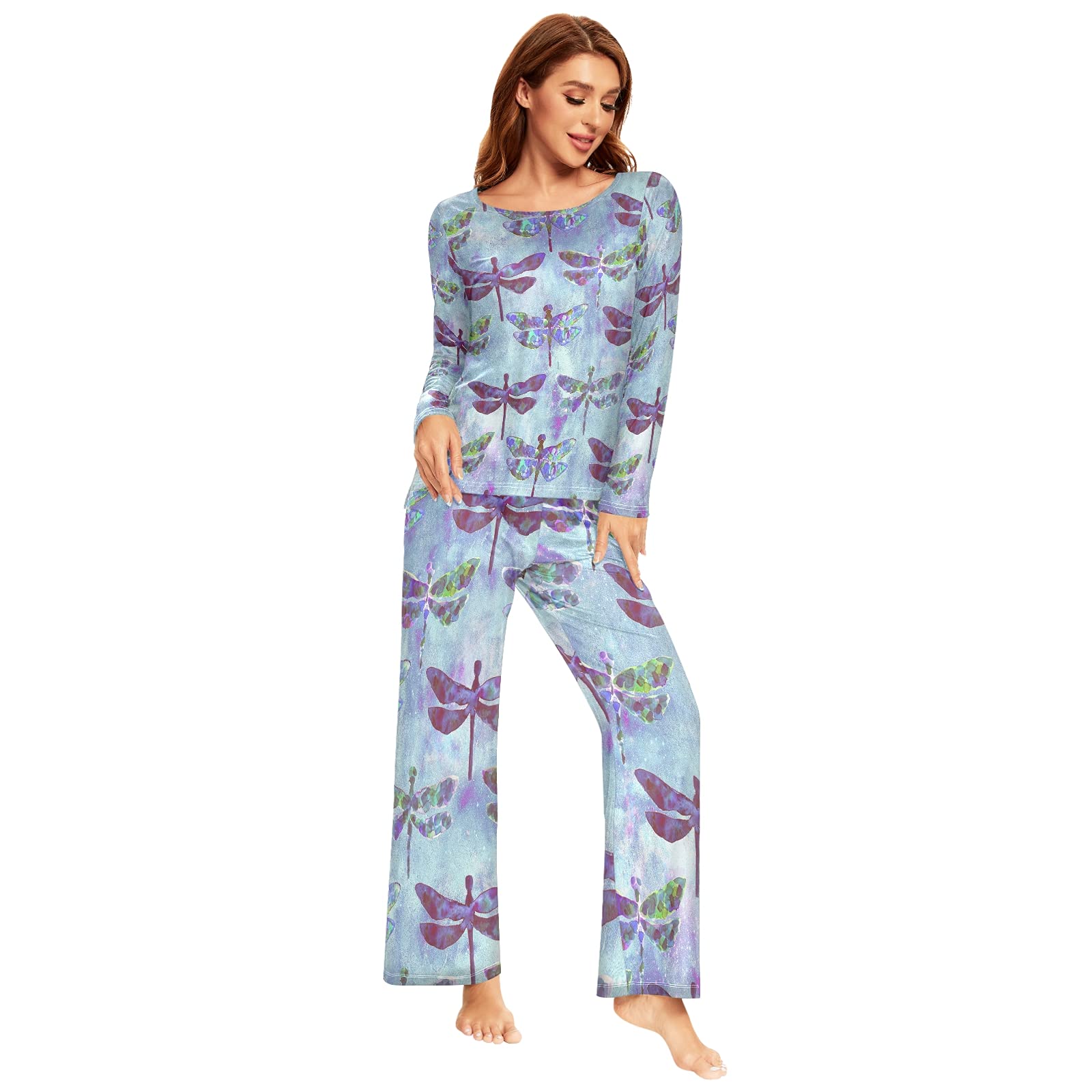 ALAZA Women's Dragonfly Watercolor Pajama Set - Soft 2-Piece Long Sleeve Sleepwear & Lounge Outfit for Cozy Nights, Relaxing at Home, and Gift Giving