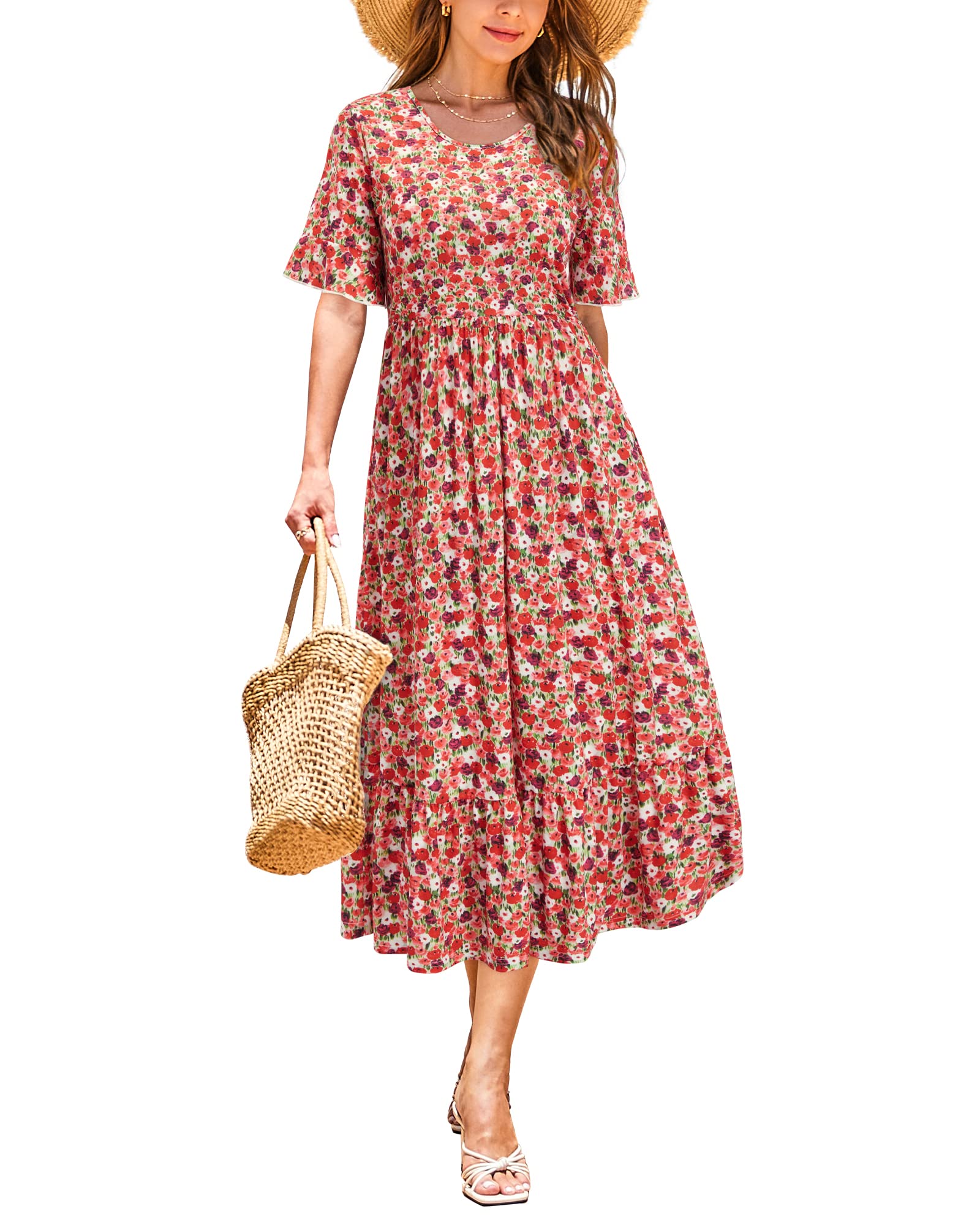 STYLEWORD Women's Summer 2025 Casual Short Sleeve Tiered Flowy Spring Dress - Long Midi Sundress for Beach, Vacation & Everyday Wear | Lightweight Comfortable Outfit for Travel, Brunch & Outdoor Activities