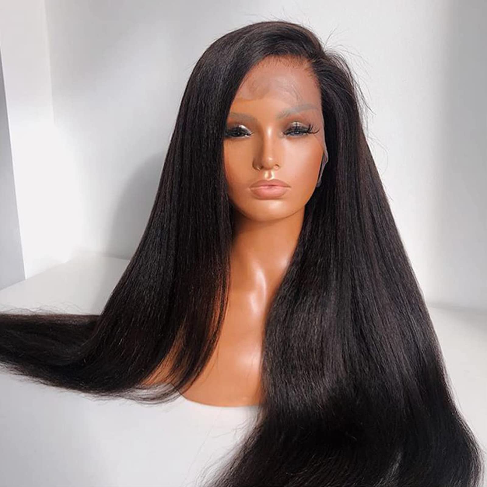 Imeya 16 Inch Yaki Weave Lace Front Wig - 13x6 Straight Human Hair Wig for Black Women | Glueless Italian Yaki Wig with Pre-Plucked Baby Hair & 150% Density | Transparent Lace Front Free Part Wig | Perfect for Daily Wear, Special Occasions & Protective Styling