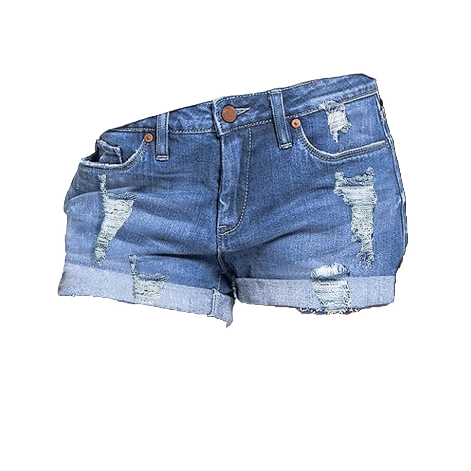 Women's Summer Ripped Denim Shorts - Mid Rise Stretch Jean Shorts with Rolled Hem | Distressed Casual Straight Cut Short Pants for Beach, Shopping & Everyday Wear