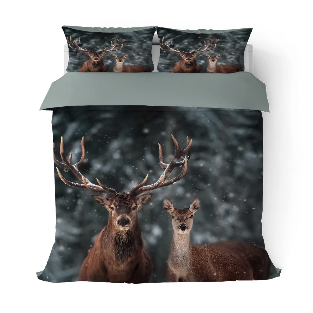 Deer Duvet Cover Set Twin Size - Winter Snow Forest Elk Antler Bedding 3 Piece Set | Soft Microfiber Comforter Cover with 2 Pillowcases for Kids, Boys & Teens | Cozy Bedroom Decor for Cabin, Lodge & Nature-Themed Rooms