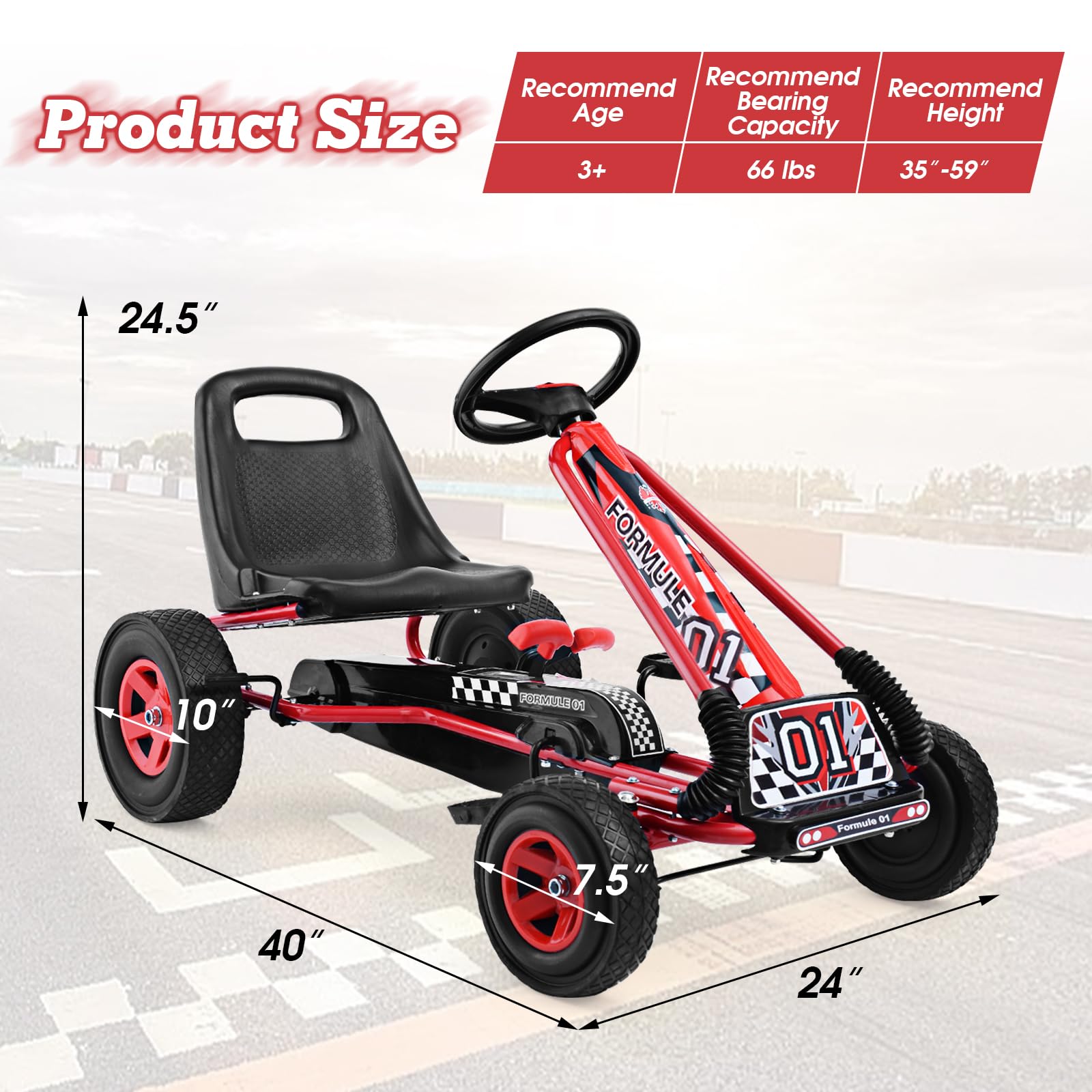**HONEY JOY Kids Go Kart - 4 Wheel Off-Road Pedal Car with Steering Wheel, Adjustable Seat, 2 Safety Brakes & EVA Tires - Outdoor Ride-On Toy for Boys & Girls - Perfect for Backyard, Park & Driveway Fun (Red)**