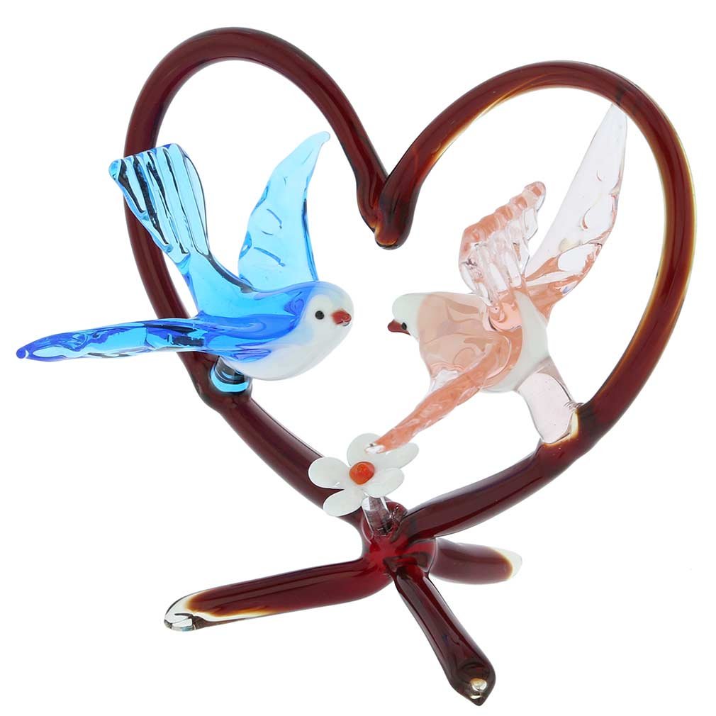 GlassOfVenice Authentic Murano Glass Birds on Red Heart - Handmade Blue & Pink Venetian Art for Home Decor | Perfect Gift for Wedding, Anniversary & Valentine's Day