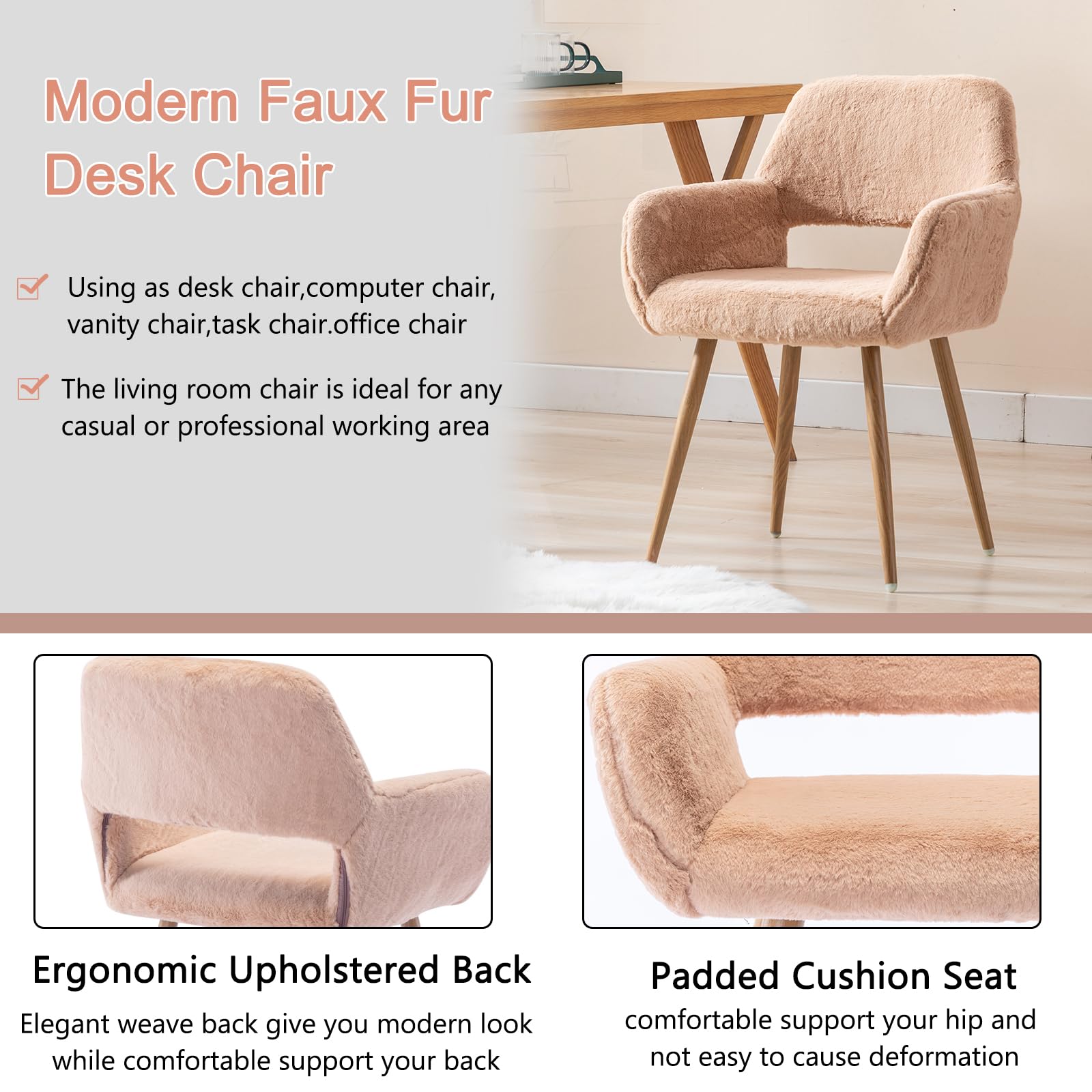 Faux Fur Desk Chair Without Wheels - Fluffy Vanity Chair with Metal Legs, Comfortable Home Office Chair for Women & Girls - Soft Makeup Chair with Hollow Back & Arms for Bedroom, Living Room, Study - Perfect for Home Office, Dressing Table, Reading Nook & Cozy Spaces