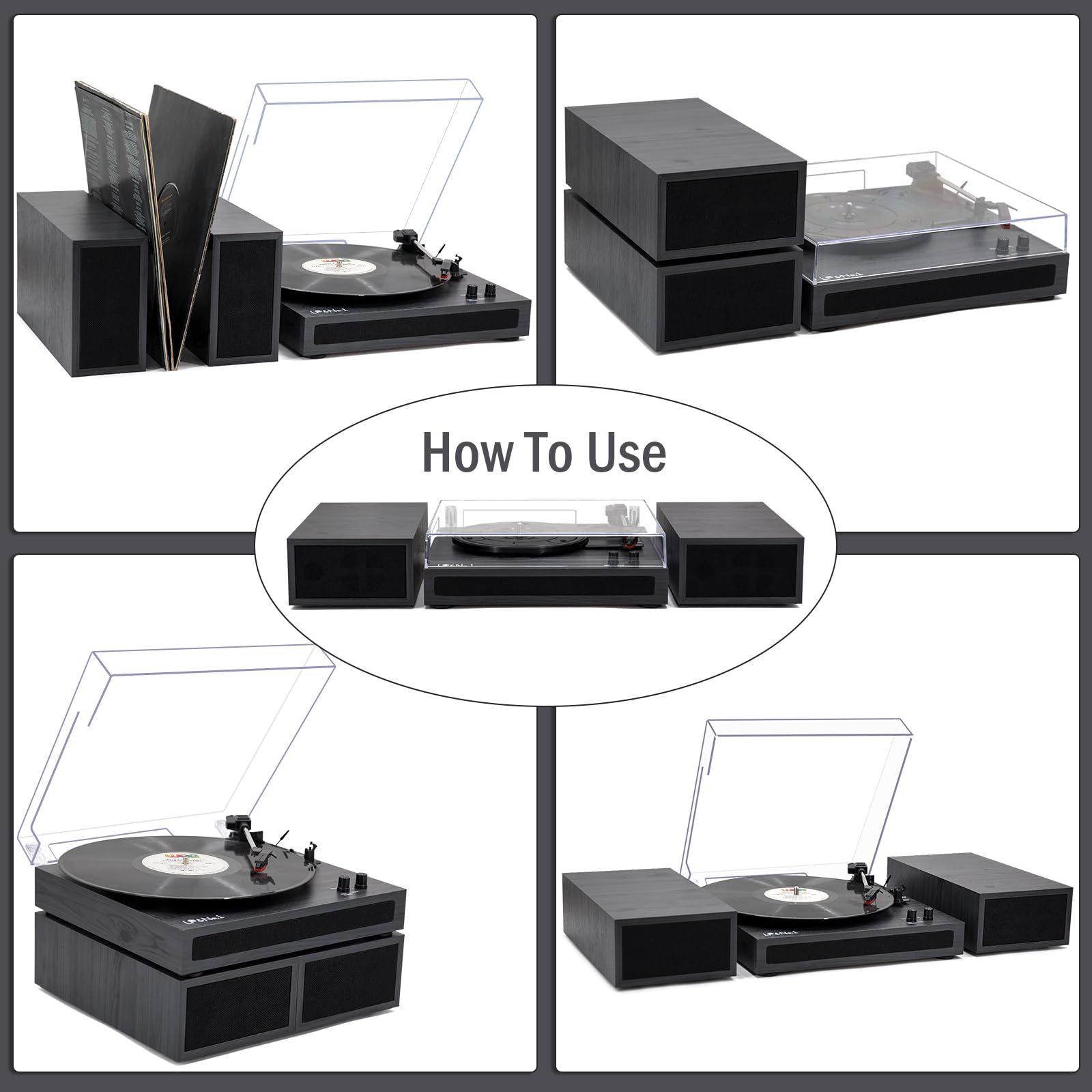 LP&No.1 Vintage Wood Finish 3-Speed Belt-Drive Turntable with Stereo Bookshelf Speakers - Wireless Input, RCA Output, Auto Stop | Black Gray - Perfect for Home Entertainment & Vinyl Collection Display