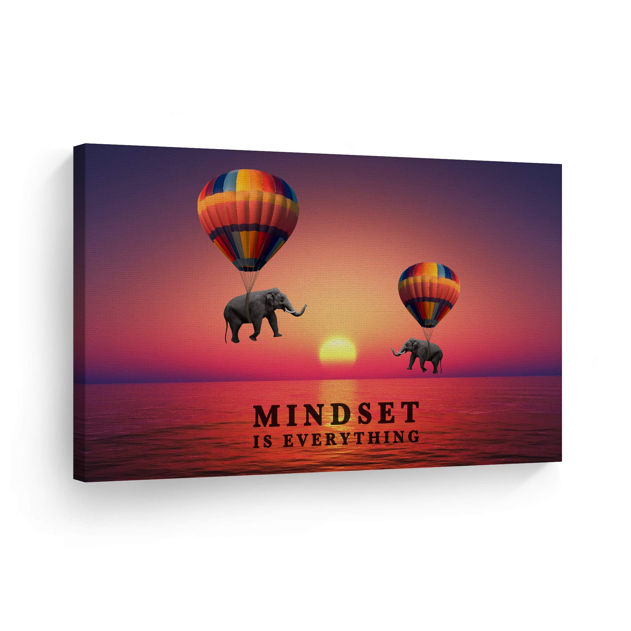 Mindset is Everything Elephant with Balloon Sunset Motivational Canvas Wall Art - Inspirational Office & Living Room Decor - Entrepreneur Quote Print - Ready to Hang 24x36 - Perfect for Home, Office & Gift Giving