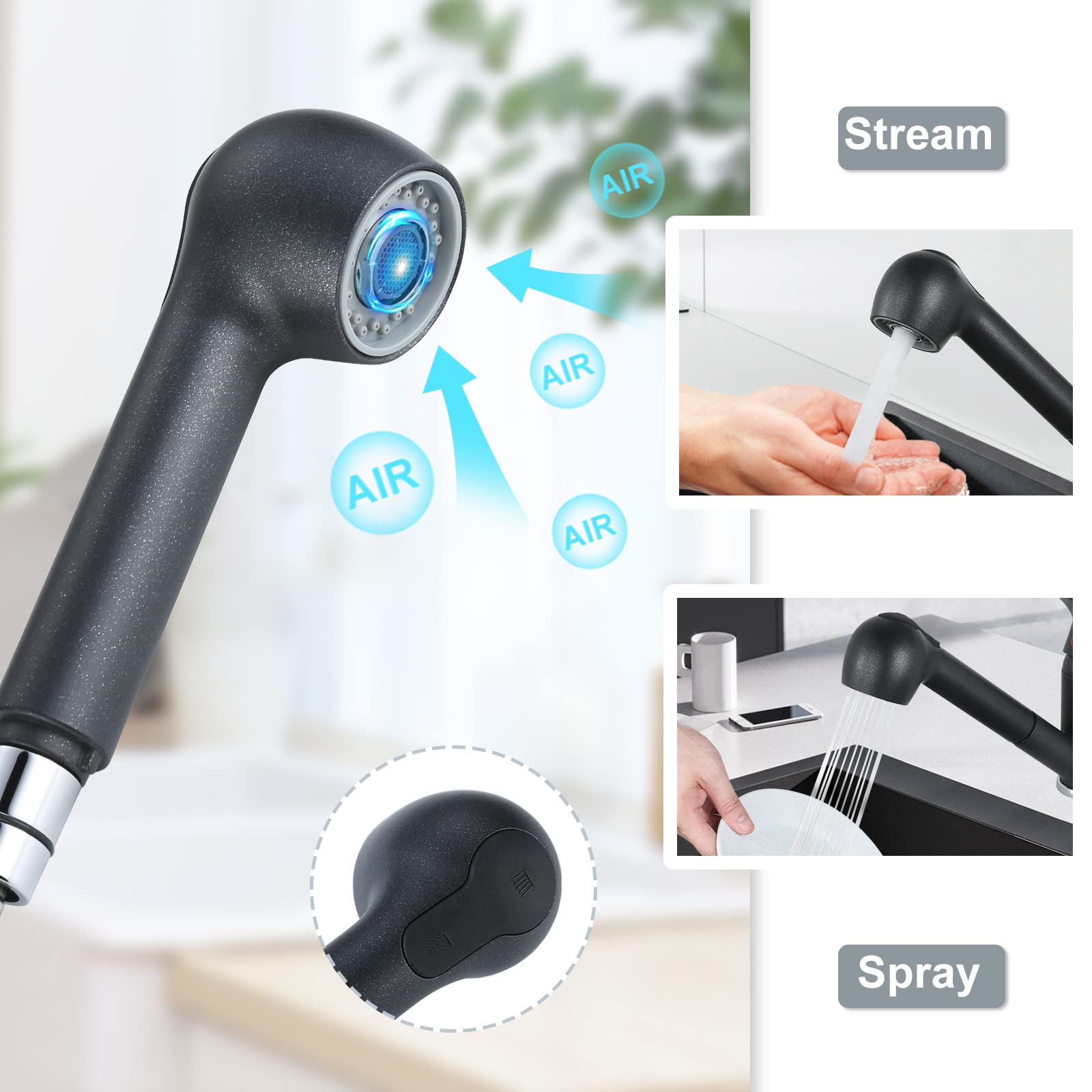 WOWOW RV Kitchen Faucet with Pull-Out Sprayer - Single Hole Low Arc Design, Matte Black Utility Sink Faucet with Deck Plate (Black Quartz/Metallic Black) - Perfect for RV, Camper, Tiny Homes & Small Kitchen Spaces