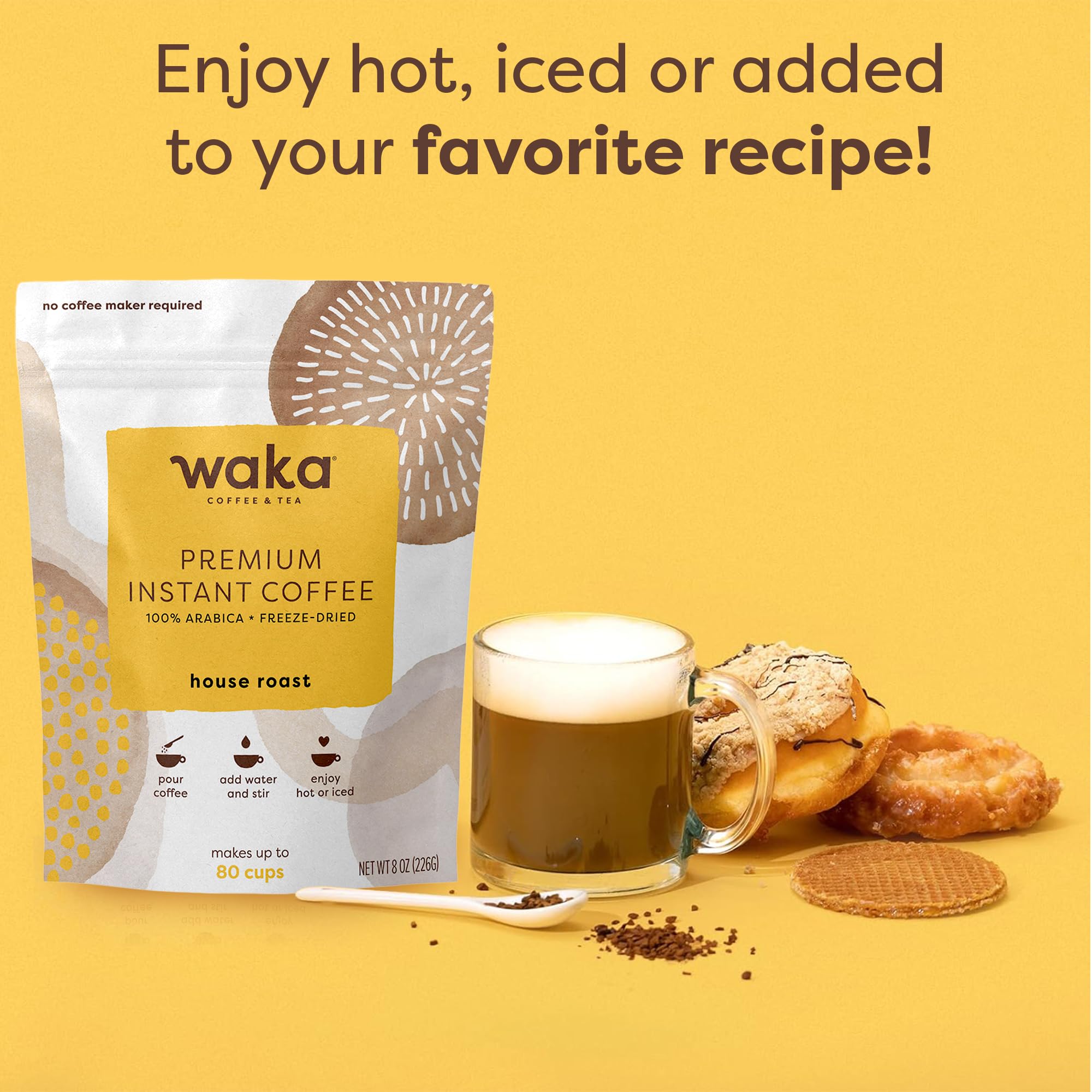 Premium Waka Instant Coffee - 100% Arabica Freeze-Dried Granules, No Sugar or Additives - House Roast for Hot & Iced Coffee - Bulk 80 Cup Supply (8oz) - Perfect for Office, Camping & Travel