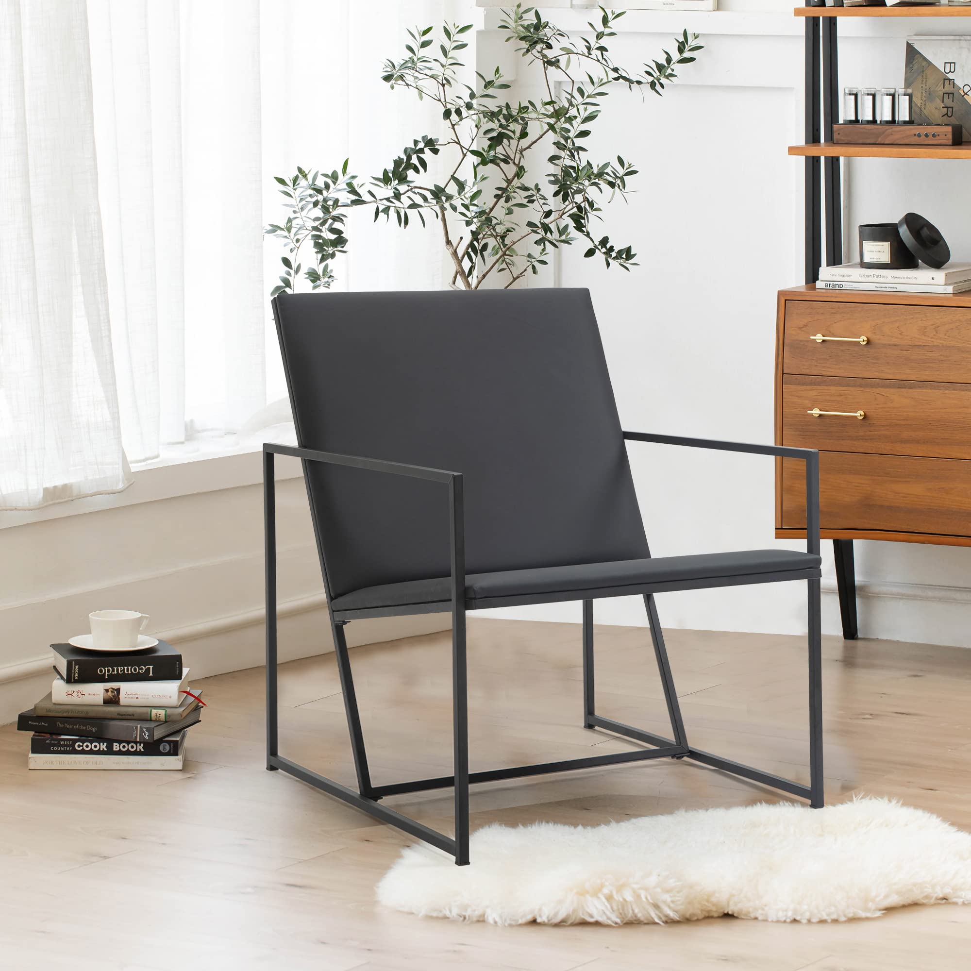 ECOTOUGE Mid-Century Modern Leather Accent Chair - 24” x 28” x 21” Retro Armchair with Metal Legs - Stylish Living Room & Bedroom Furniture - Perfect for Reading Nooks, Home Offices & Lounge Areas (Black)