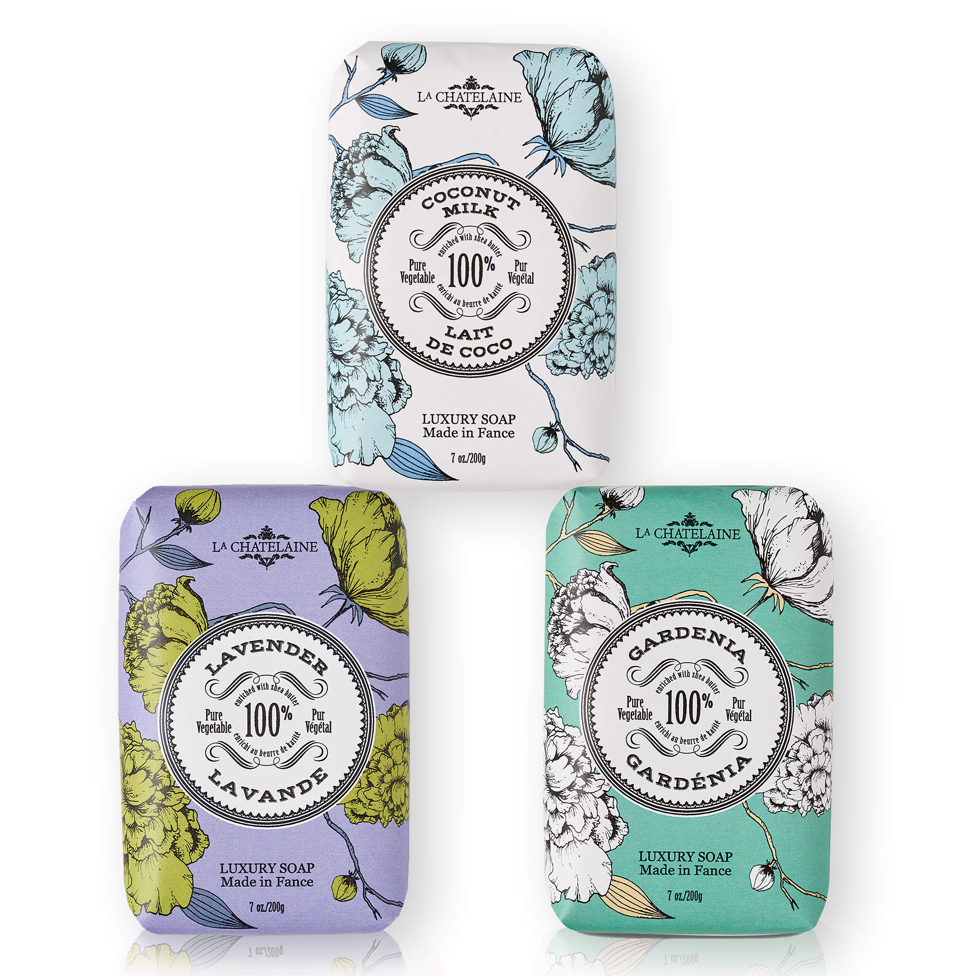 La Chatelaine Luxury Bar Soap Set - 3 Pack Natural Shea Butter Soap with Lavender, Coconut Milk & Lychee Bilberry Scents | 7 oz Each | Moisturizing & Aromatherapy for Bath, Shower & Gift Giving