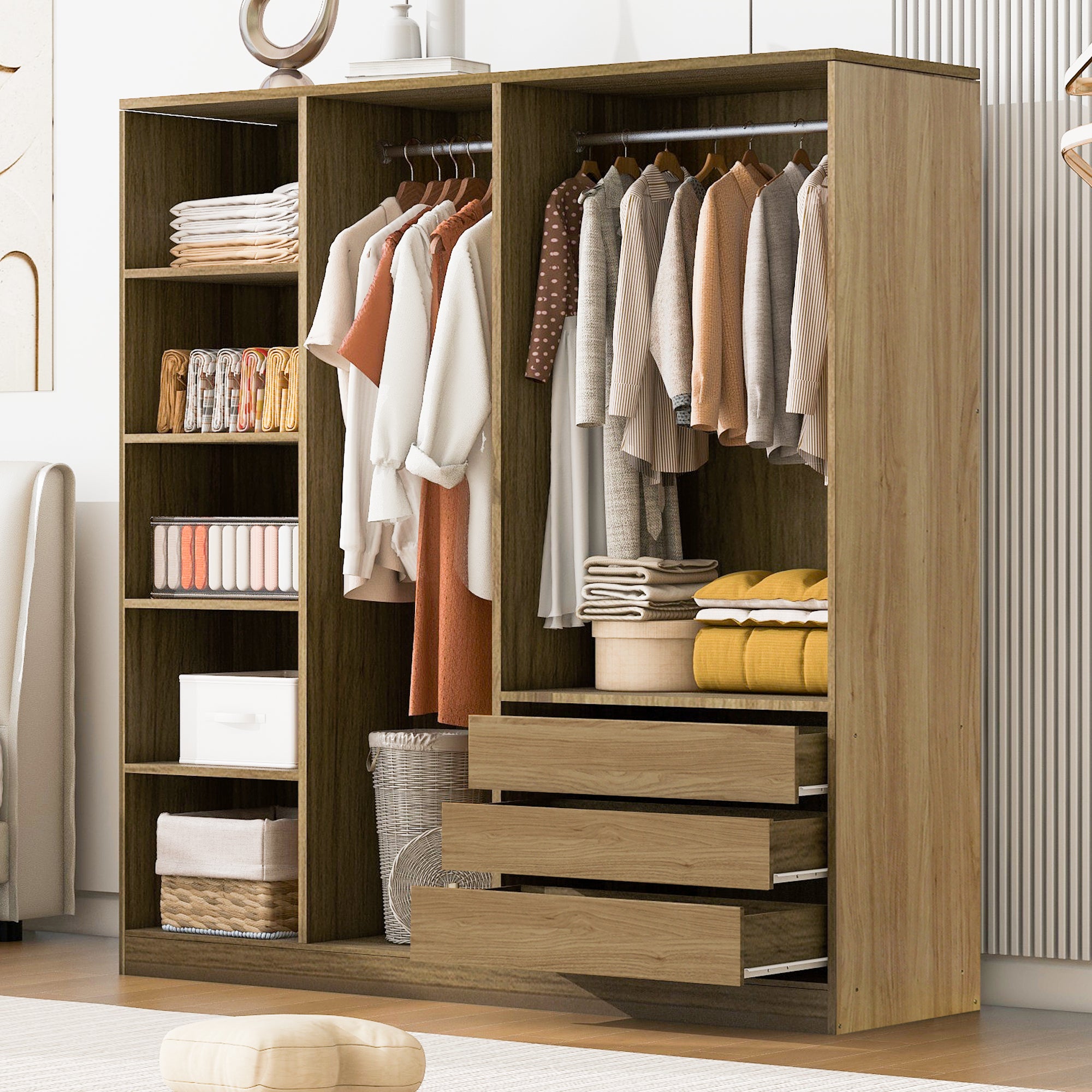 Natural Wooden Doorless Wardrobe with Shelves & 3 Drawers - Bedroom Closet Storage Organizer for Clothes, Shoes & Accessories | Perfect for Small Spaces & Modern Home Decor