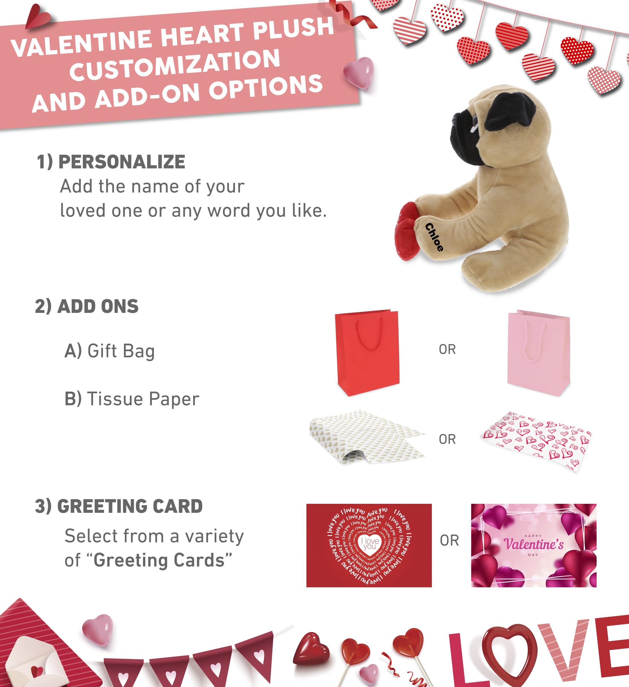 Personalized I Love You Plush Pug Dog Stuffed Animal - 10 Inch Valentine's Day Gift with Red Heart & Name Customization for Her/Him | Perfect for Anniversaries, Birthdays & Romantic Dates | Cute Home Decor & Surprise Gift Idea
