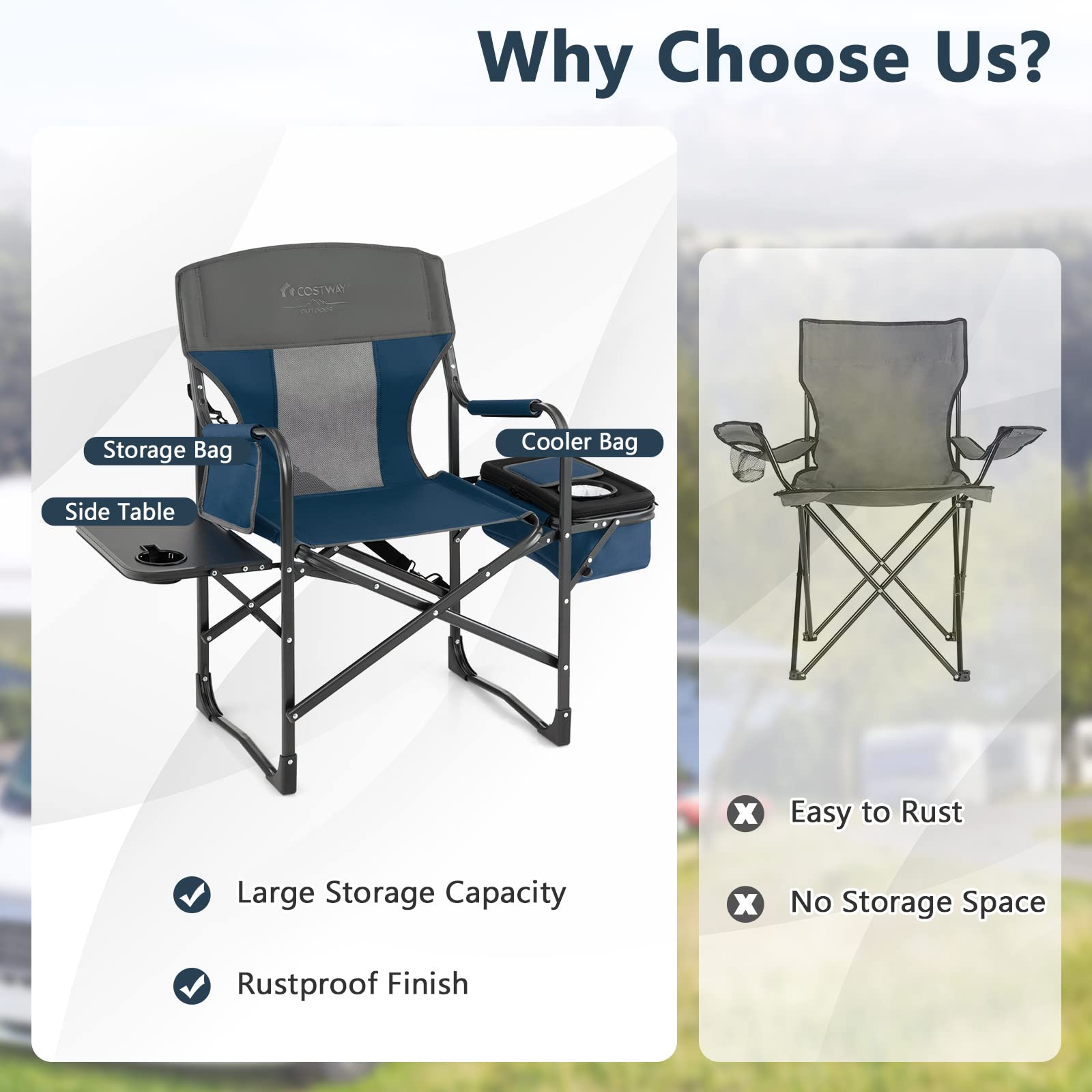 COSTWAY Heavy-Duty Folding Camping Chair with Side Table & Cooler Bag - 400lbs Capacity Portable Director Chair for Adults, Outdoor Fishing Picnic, Beach Party, and Camping Trips