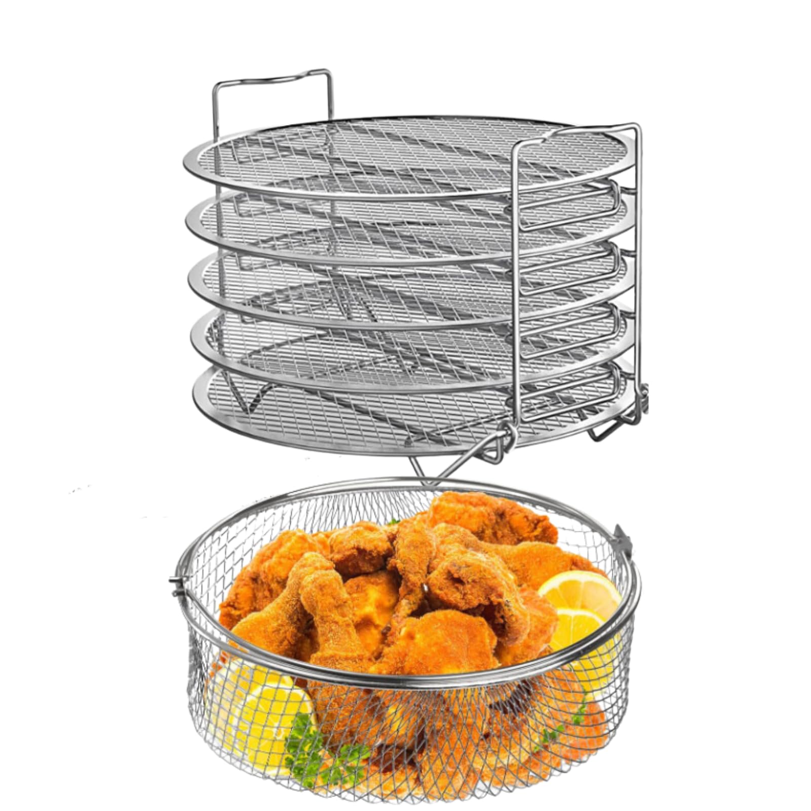 5-Tier Stainless Steel Dehydrator Rack & Grill Stand with Air Fryer Basket - Compatible with 6.5 & 8 Quart Pressure Cookers, Instant Pot & Air Fryers - Perfect for Drying Fruits, Jerky, Roasting Veggies & Air Frying Snacks