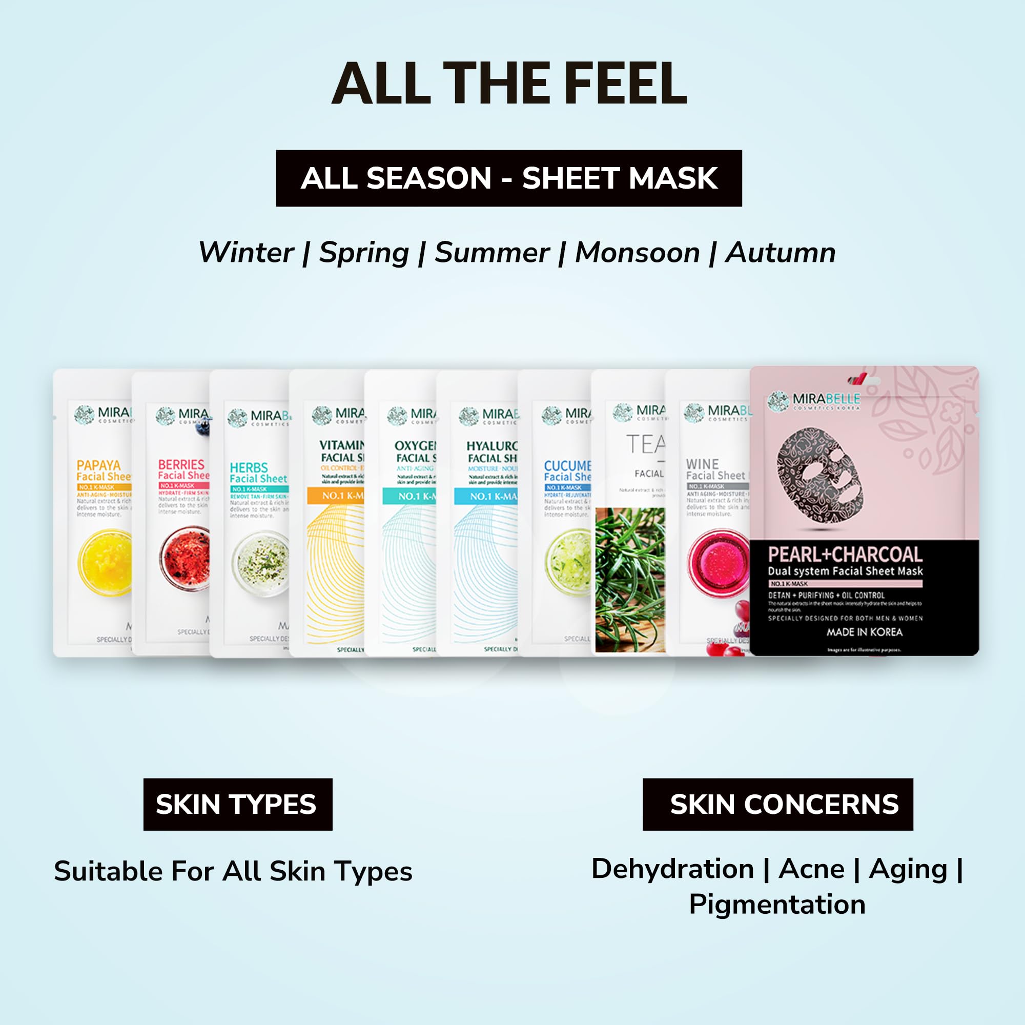 MIRABELLE COSMETICS KOREA Crystal Clear Skin Facial Sheet Mask 10-Pack - Hydrating & Brightening for Glowing Skin | Perfect for Daily Skincare Routine & Spa Night