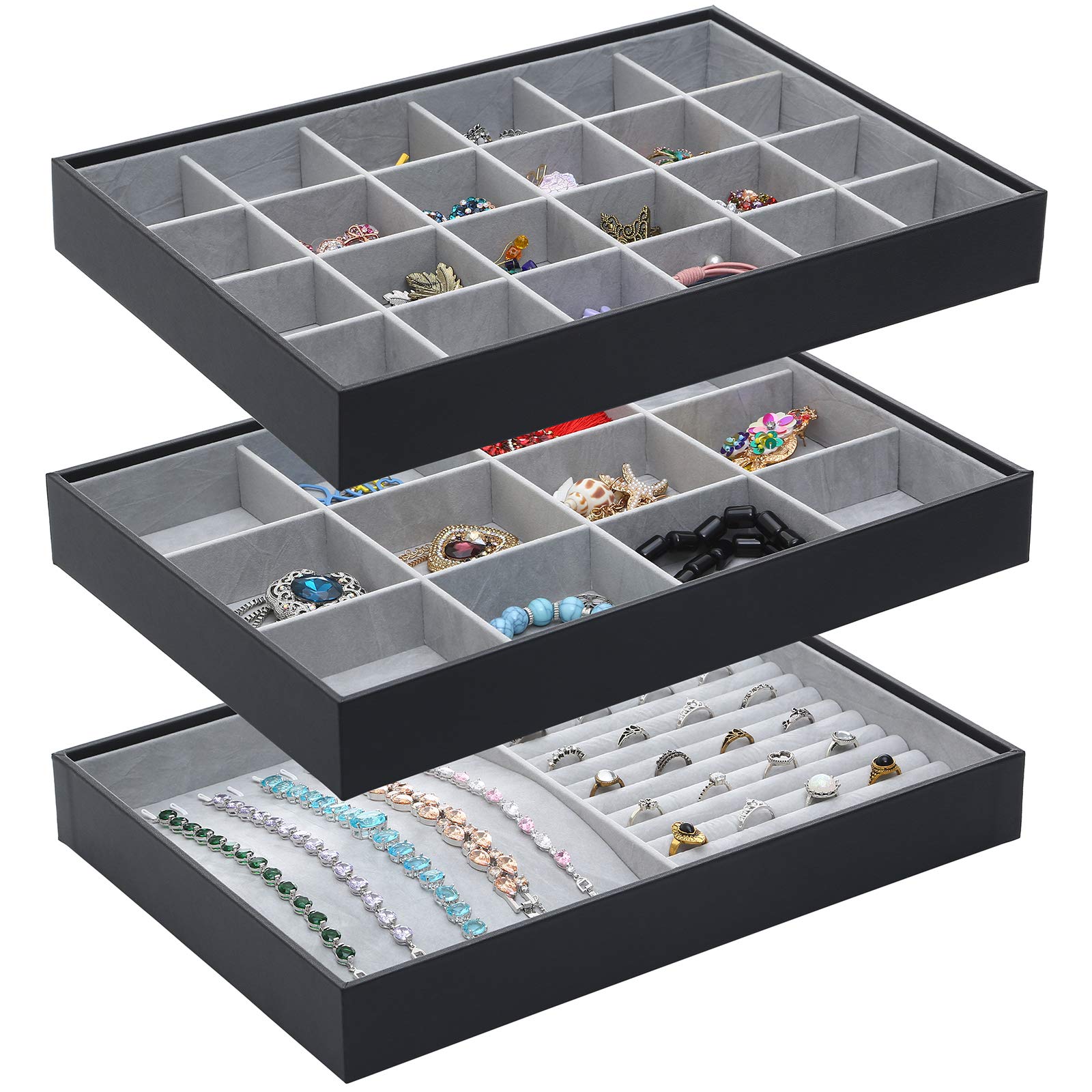 ORIGIA 3-Piece Stackable Jewelry Organizer Trays - Drawer & Dresser Storage Box for Necklaces, Rings, Earrings - Perfect for Wardrobe, Vanity & Travel Accessories Organization