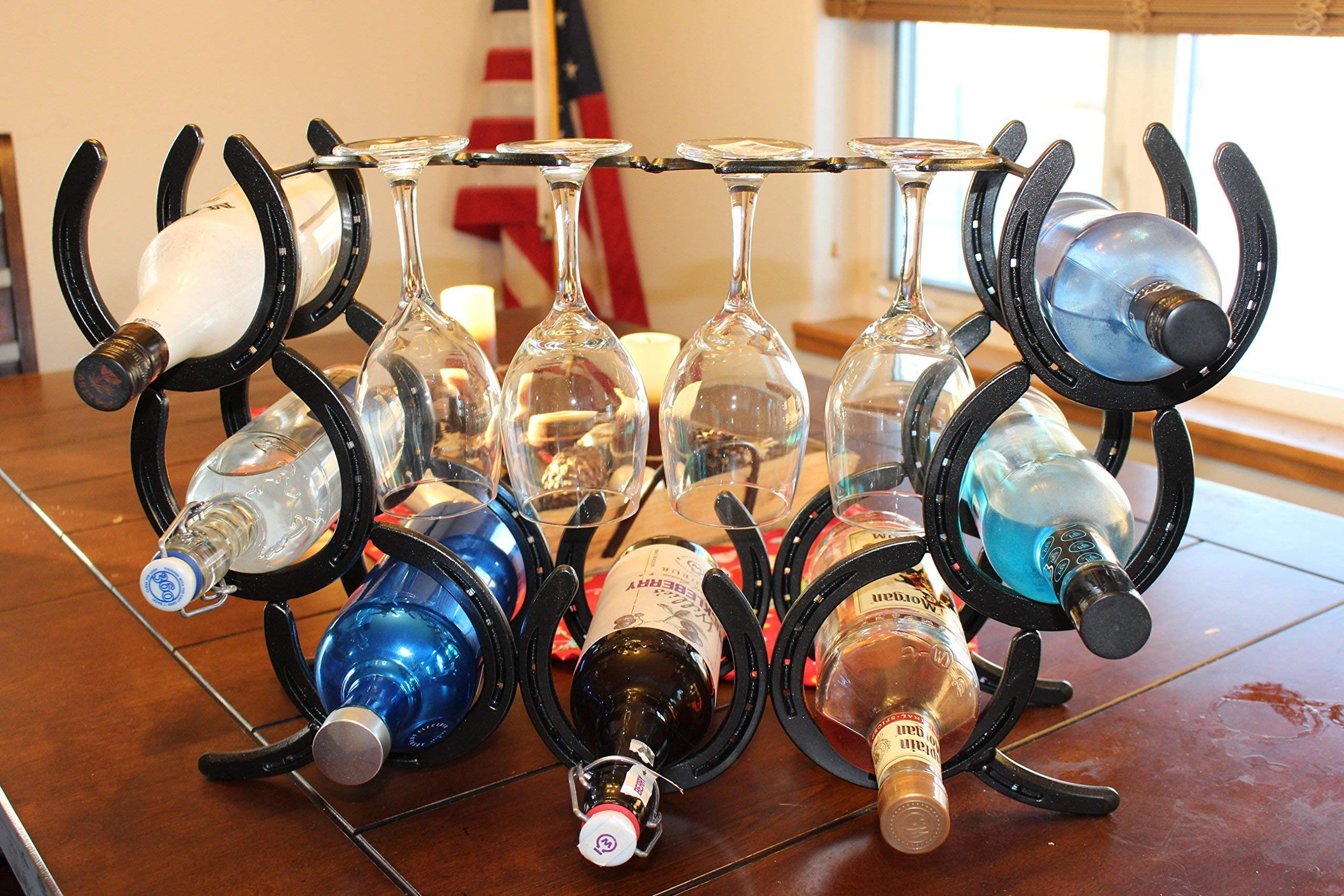 Horseshoe Wine Rack - 7 Bottle & 4 Glass Holder - Rustic Wall Mounted Wine Storage for Kitchen, Bar, or Dining Room Decor