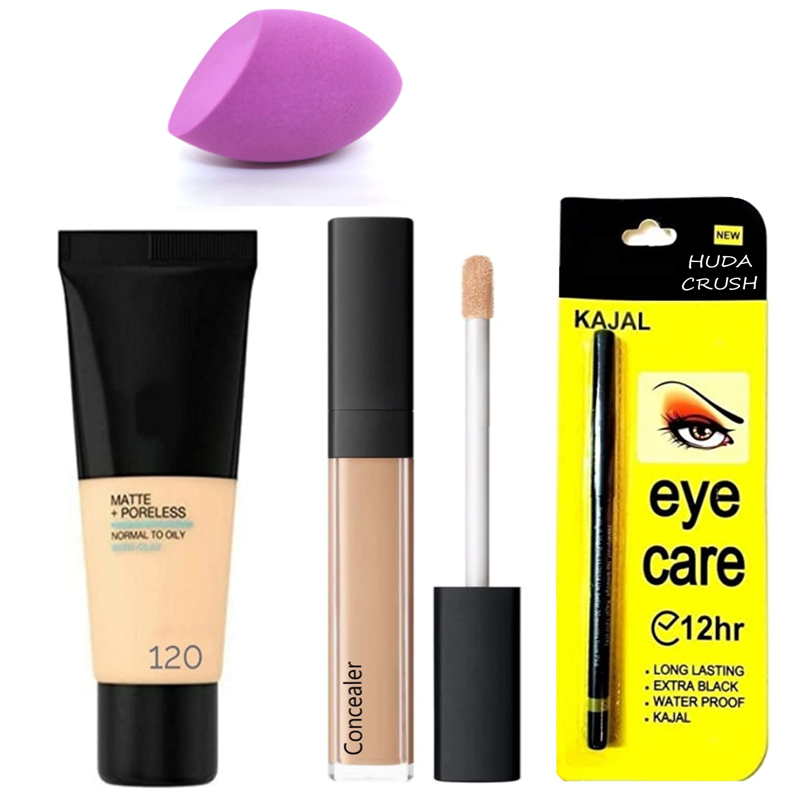 HUDACRUSH Complete Face Makeup Kit for Women - Poreless Foundation, Concealer Stick, Waterproof Kajal Pencil & Blender Sponge | Flawless Coverage for Daily Wear, Parties & Special Occasions
