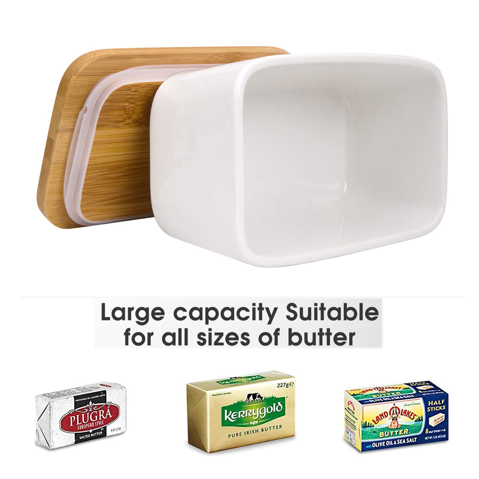 Ceramic Butter Dish with Lid - Large Butter Keeper Container with Bamboo Cover & Silicone Seal - Includes Butter Knife - Perfect for Kitchen, Dining Table, and Gift Giving - Ideal for Keeping Butter Fresh at Room Temperature