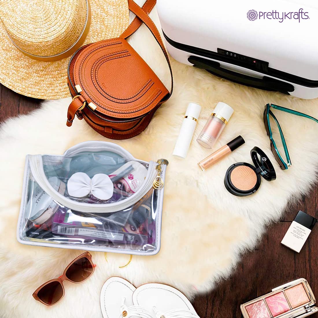PrettyKrafts Clear Waterproof Toiletry Bag - Travel Cosmetic Organizer Case for Women & Men - Portable Makeup Storage Pouch (White Transparent) - Perfect for Air Travel, Gym, Camping & Daily Essentials Organization